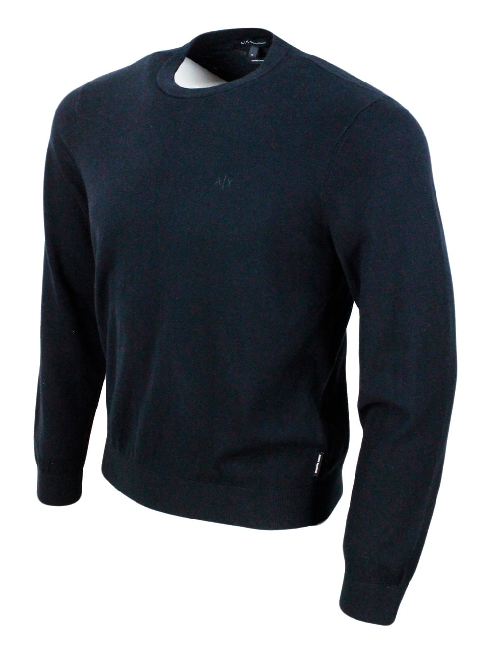 Shop Armani Collezioni Lightweight Long-sleeved Crew-neck Sweater Made Of Warm Cotton And Cashmere With Contrasting Color P In Black