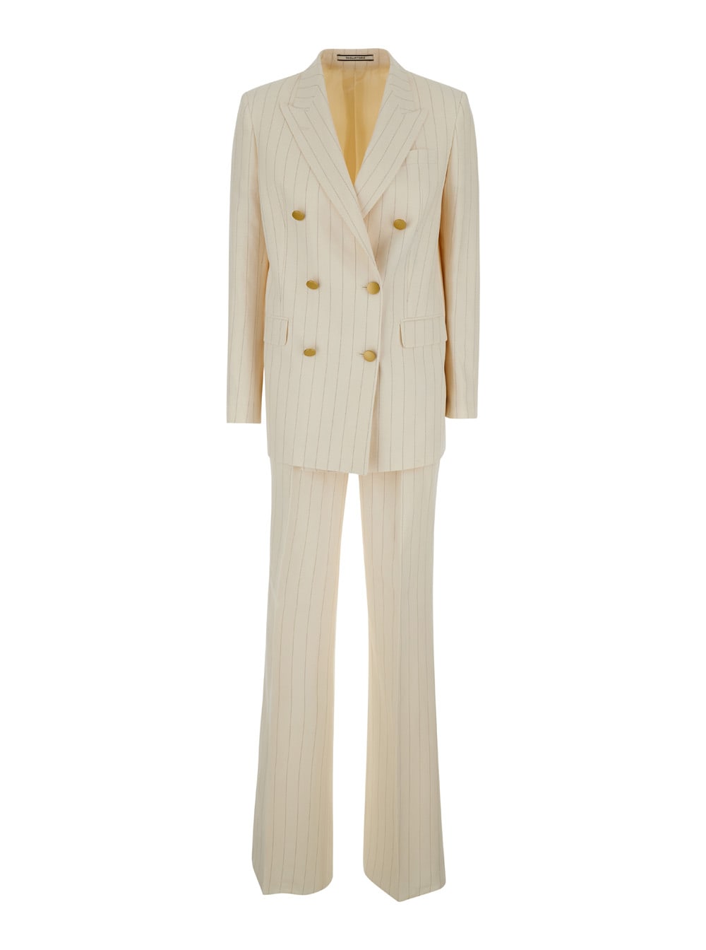 Shop Tagliatore Beige Striped Double-breasted Suit In Cotton And Linen Woman In White