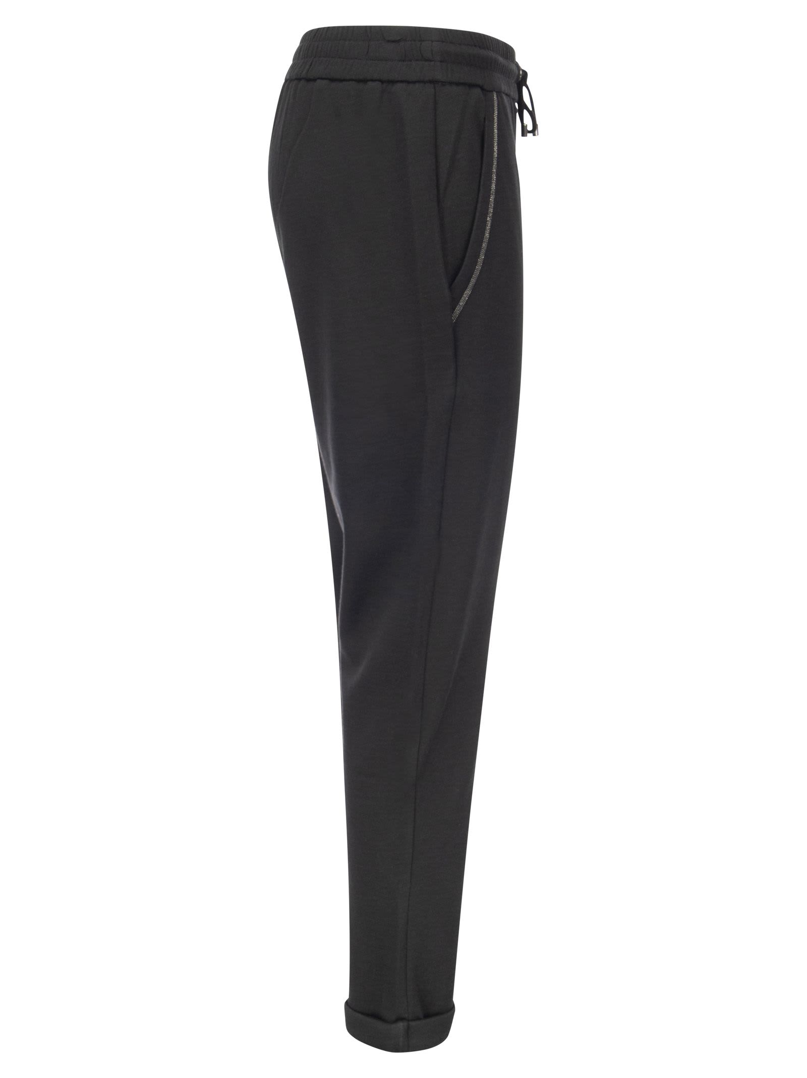 Brunello Cucinelli Cotton-silk Fleece Trousers With Shiny Pocket In Black