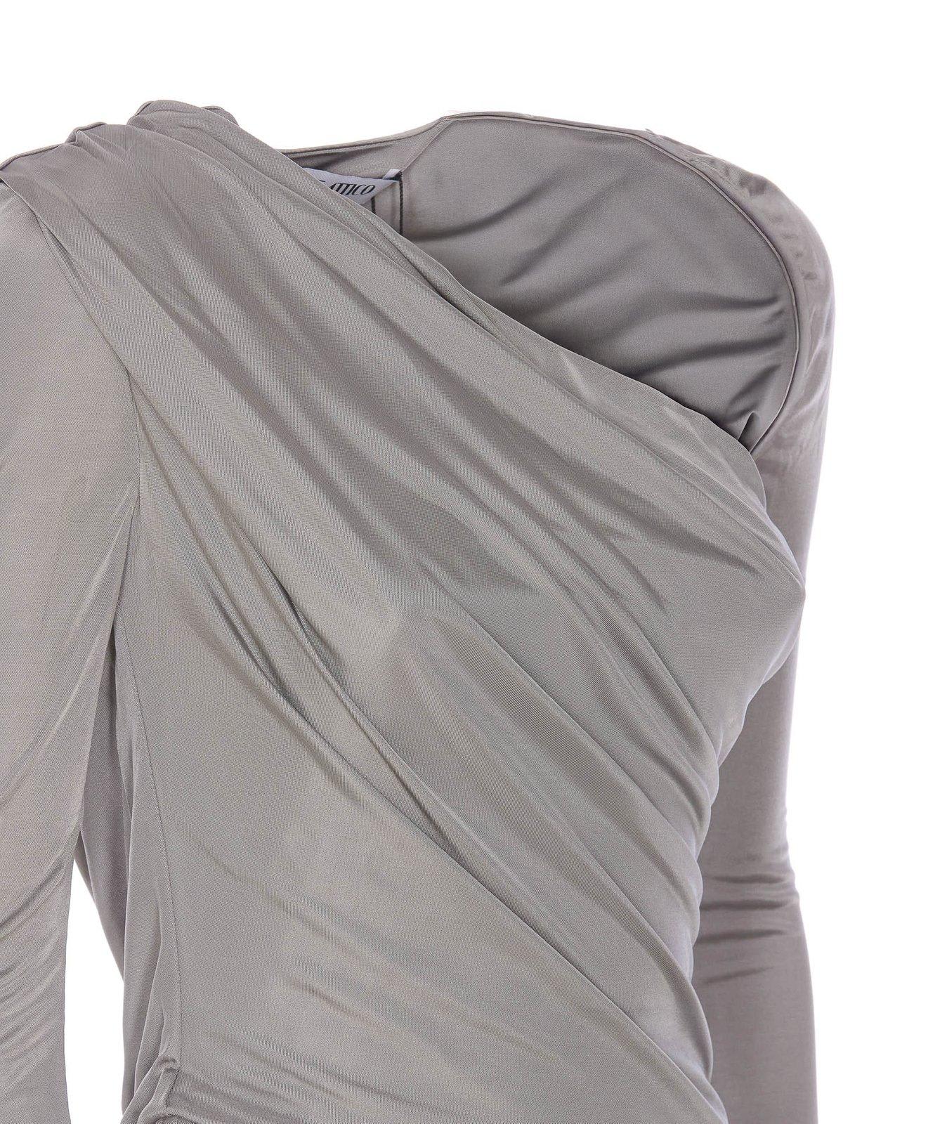 Attico Draped Satin Long Sleeved Mini Dress In Grey