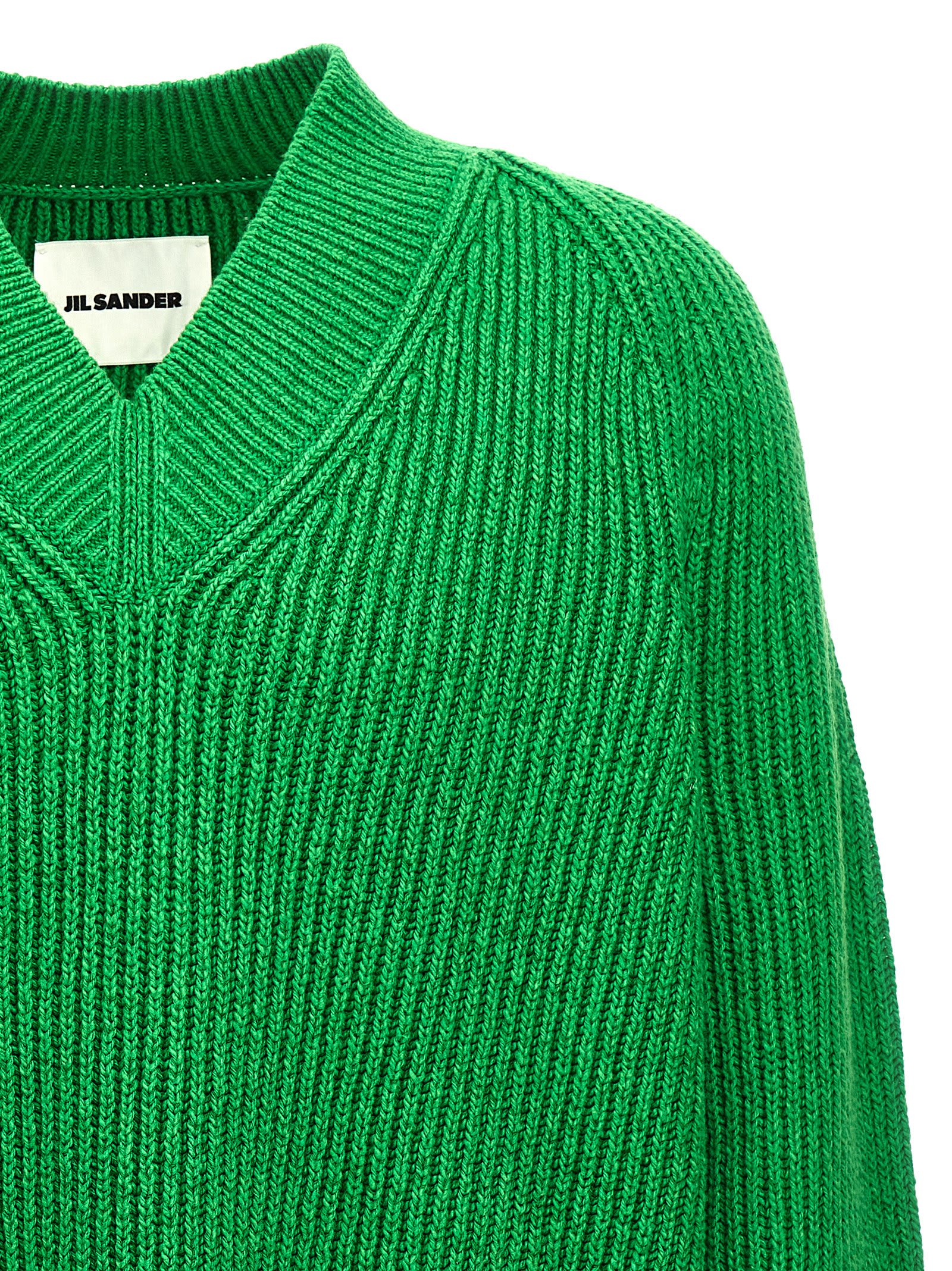 Jil Sander Oversized V Neck Ribbed Knit Sweater In Green