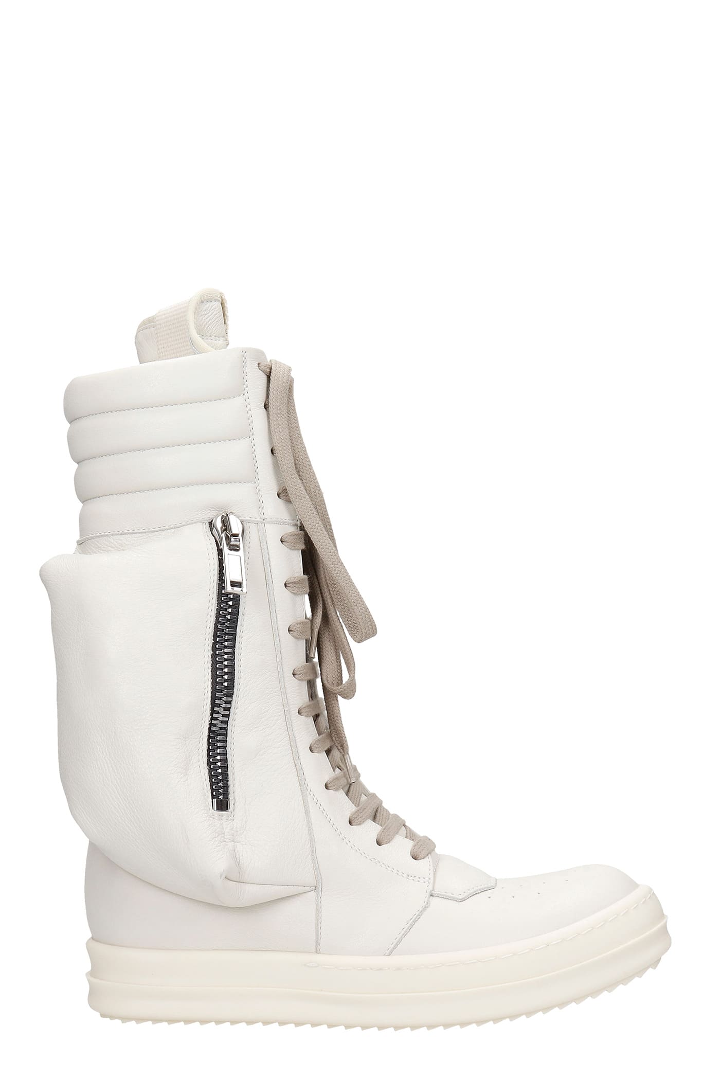 RICK OWENS CARGO BASKET SNEAKERS IN WHITE LEATHER,11935314