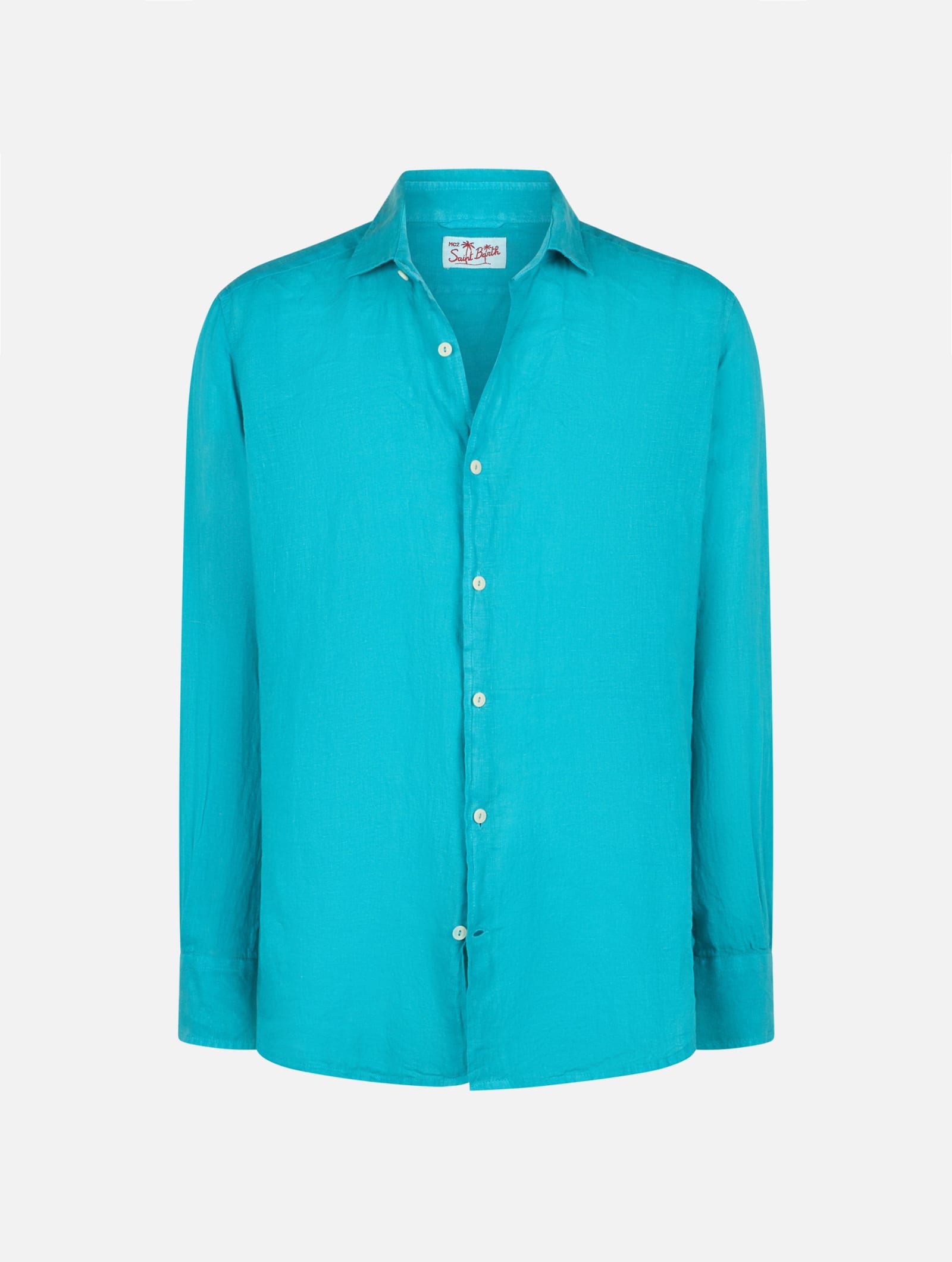 Mc2 Saint Barth Man Teal Linen Shirt Pamplona In Green
