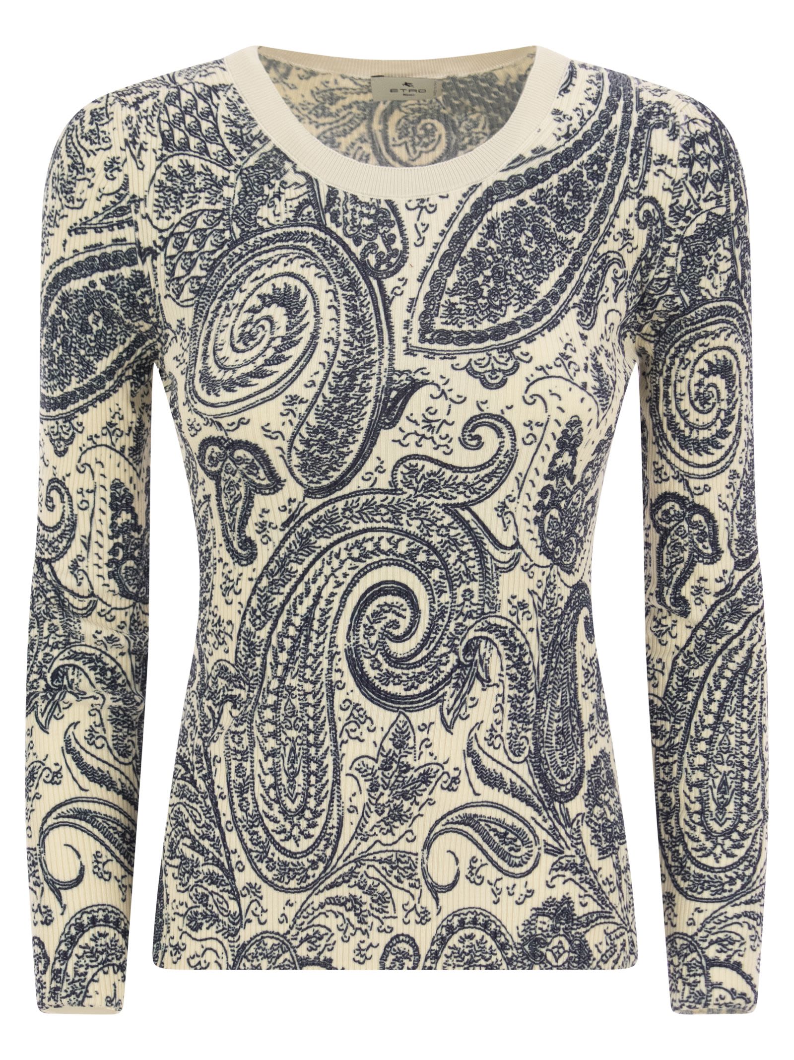 Shop Etro Crew-neck Sweater With Paisley Pattern In Beige/blue