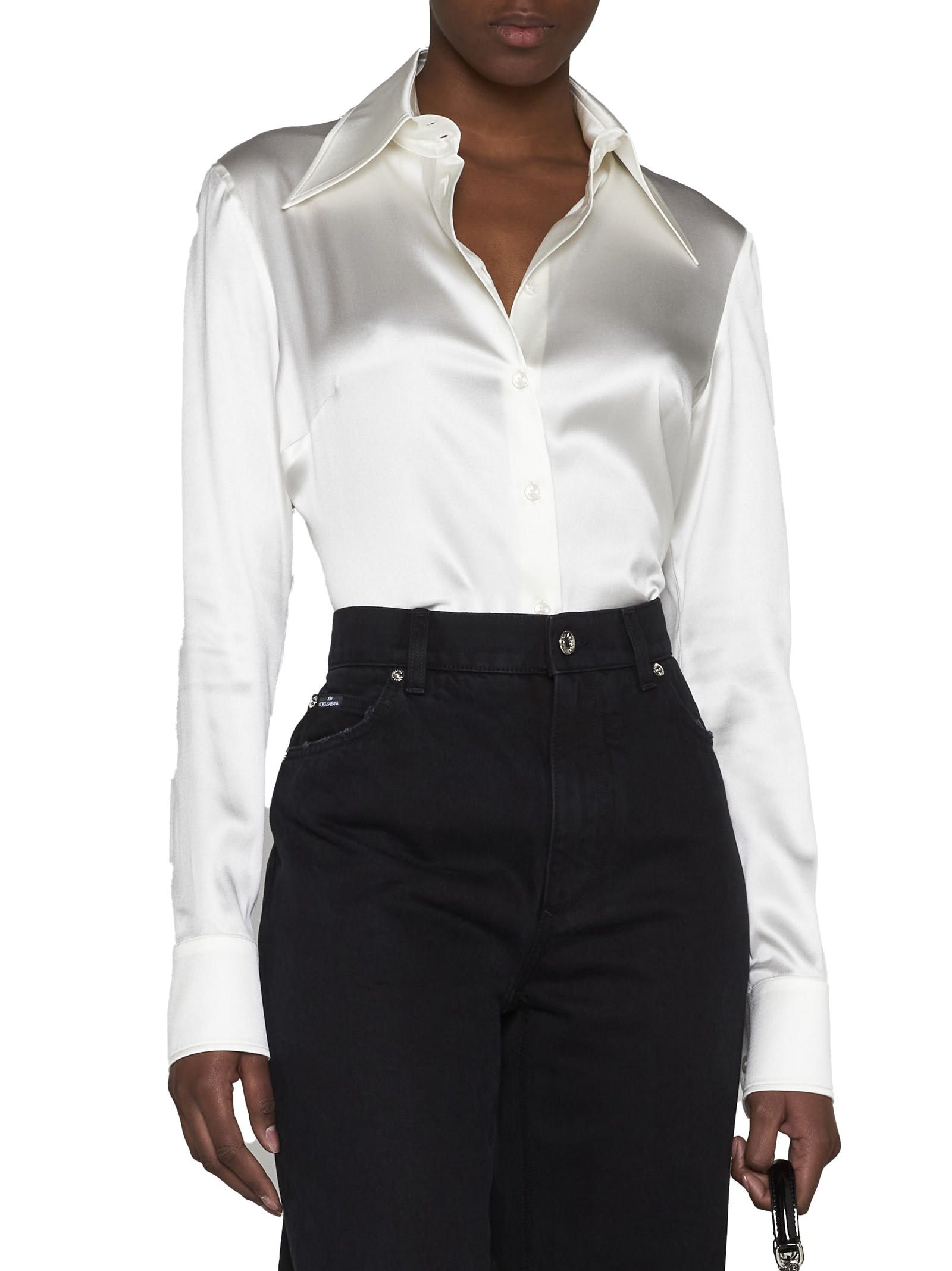 Dolce & Gabbana Collared Long-sleeve Silk Blouse In White
