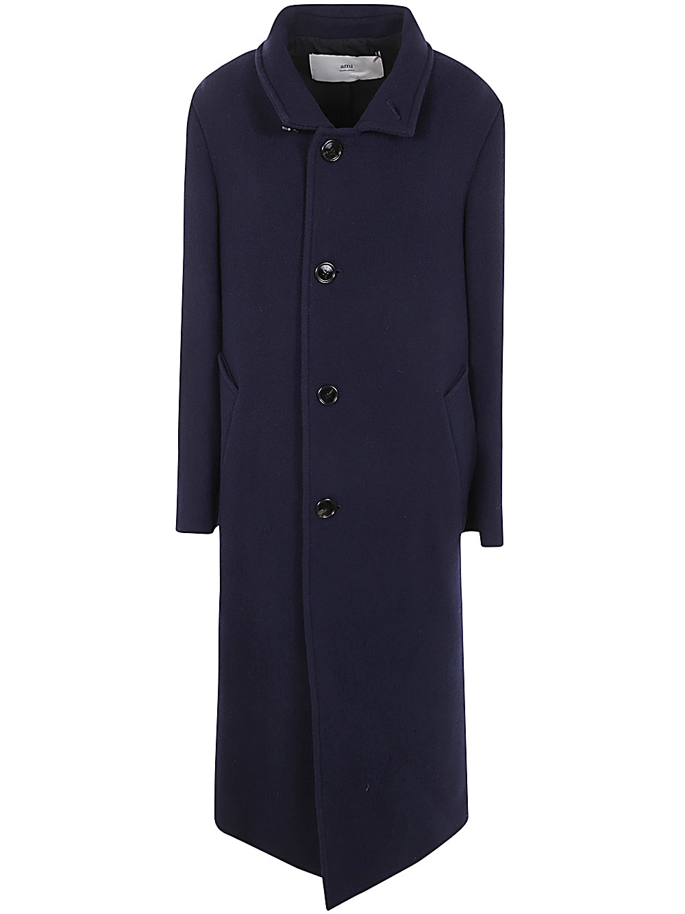 Shop Ami Alexandre Mattiussi Long Coat High Collar In Navy Blue