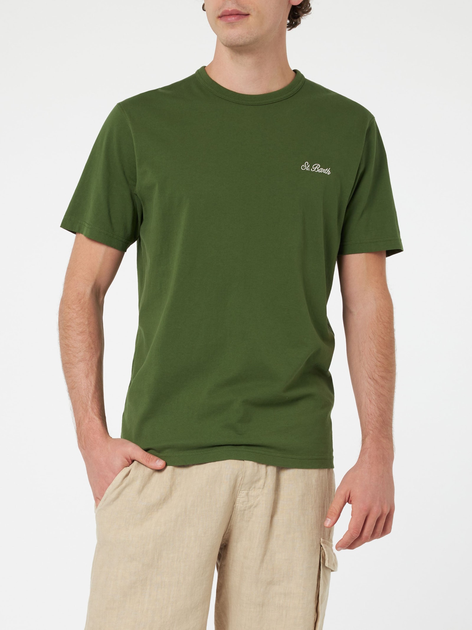 Mc2 Saint Barth Man Military Green Cotton Jersey T-shirt Dover With St. Barth Embroidery In Green