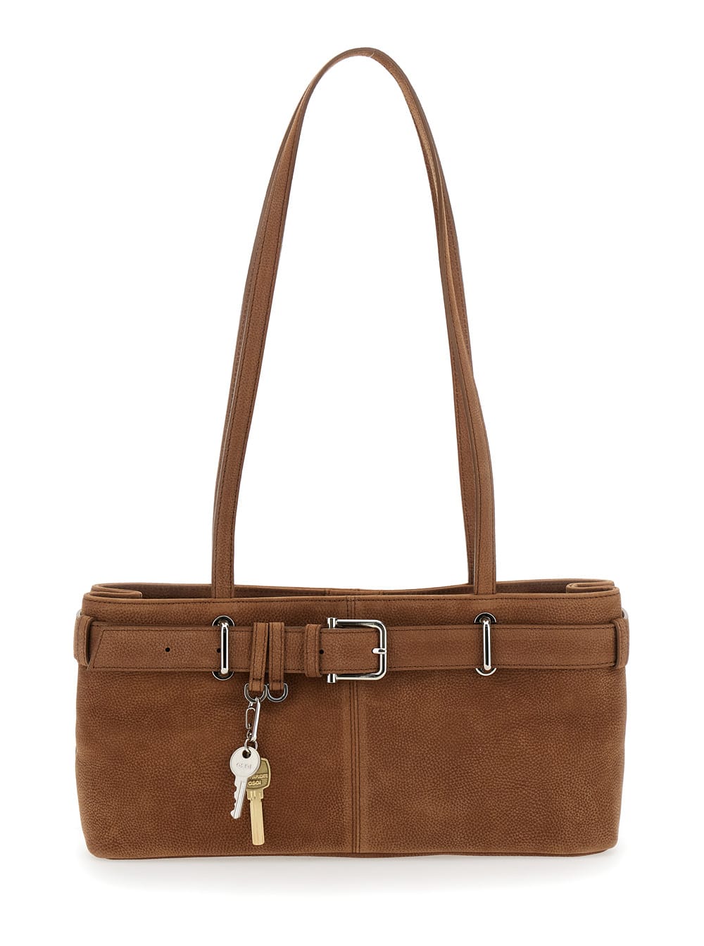 brocle Brown Shoulder Bag With Belt And Pendant Key Details In Hammered Leather Woman