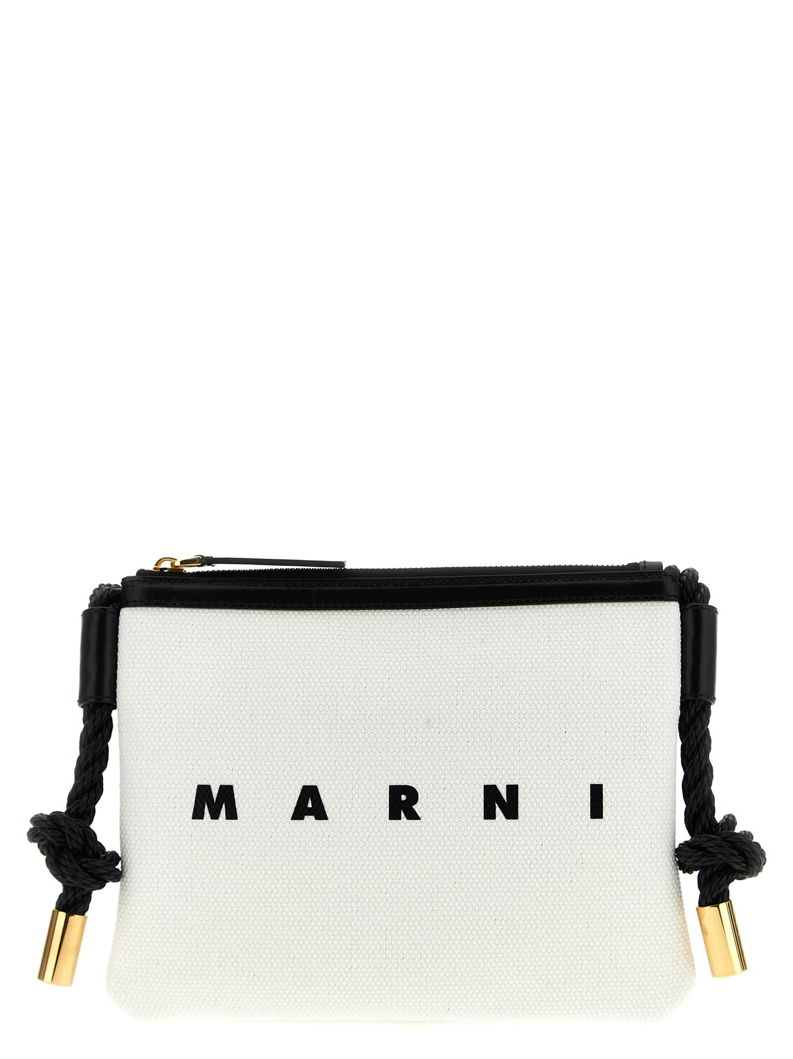 Marni Logo Print Canvas Crossbody Bag In White/black