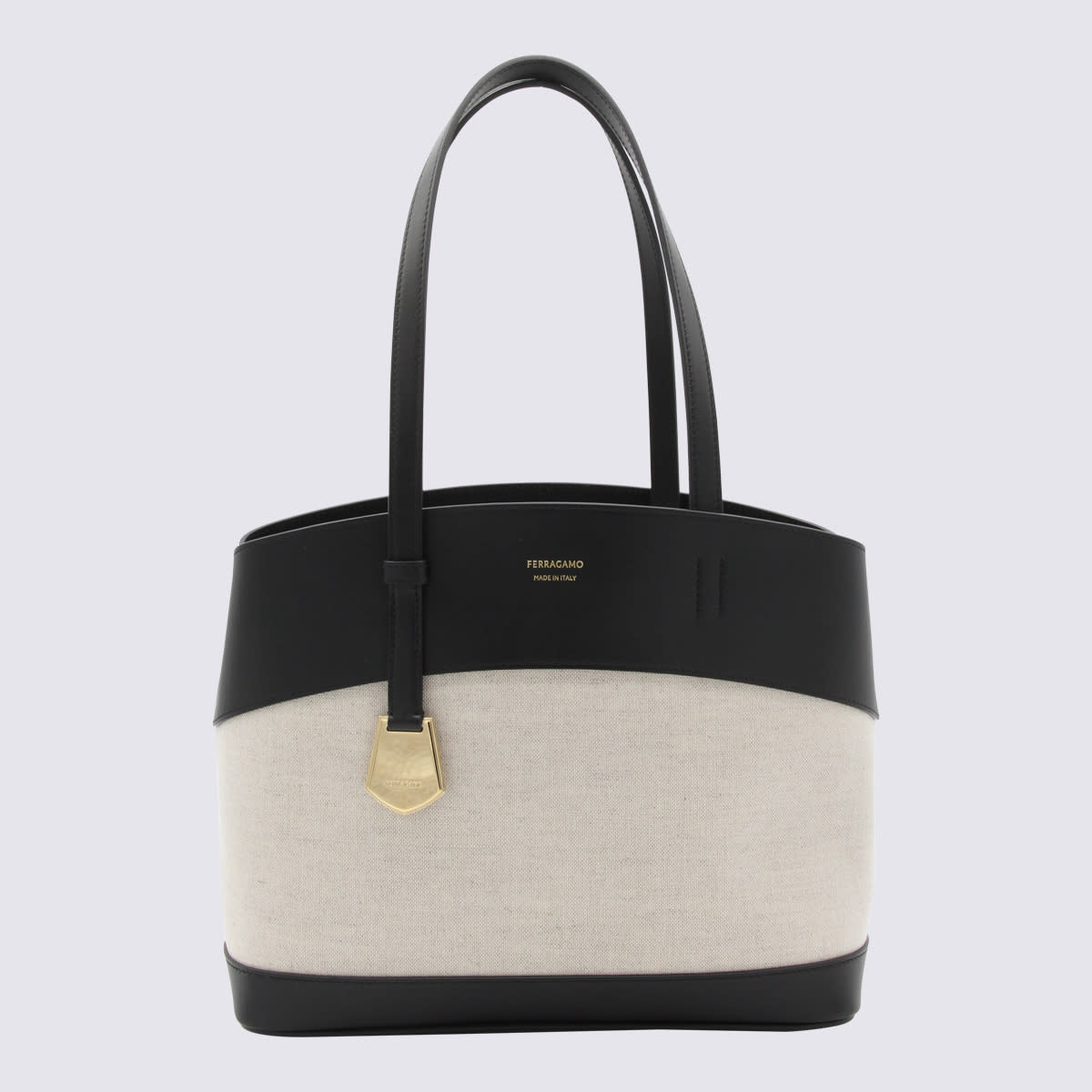 Black Leather And Beige Canvas Tote Bag