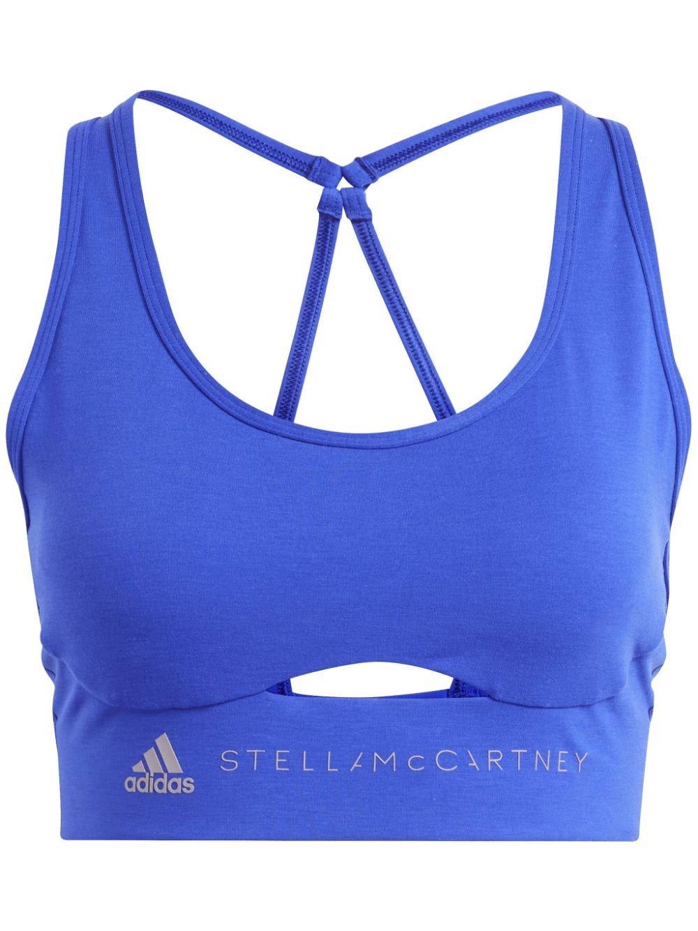 Shop Adidas By Stella Mccartney Logo Printed Scoop-neck Sports Bra In Mystery Ink