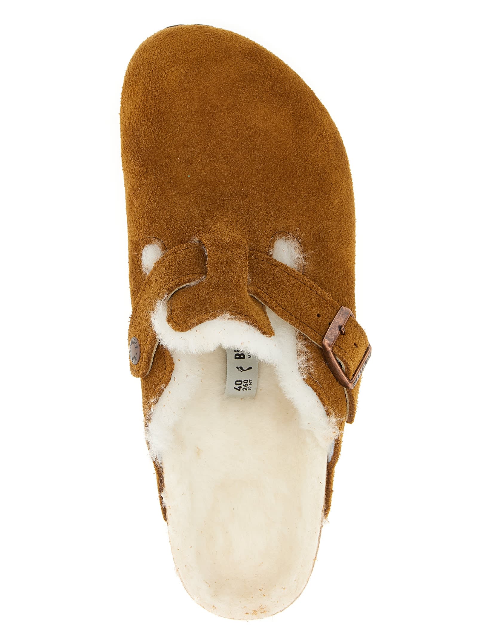 Birkenstock Boston Shearling Buckled Mules In Brown