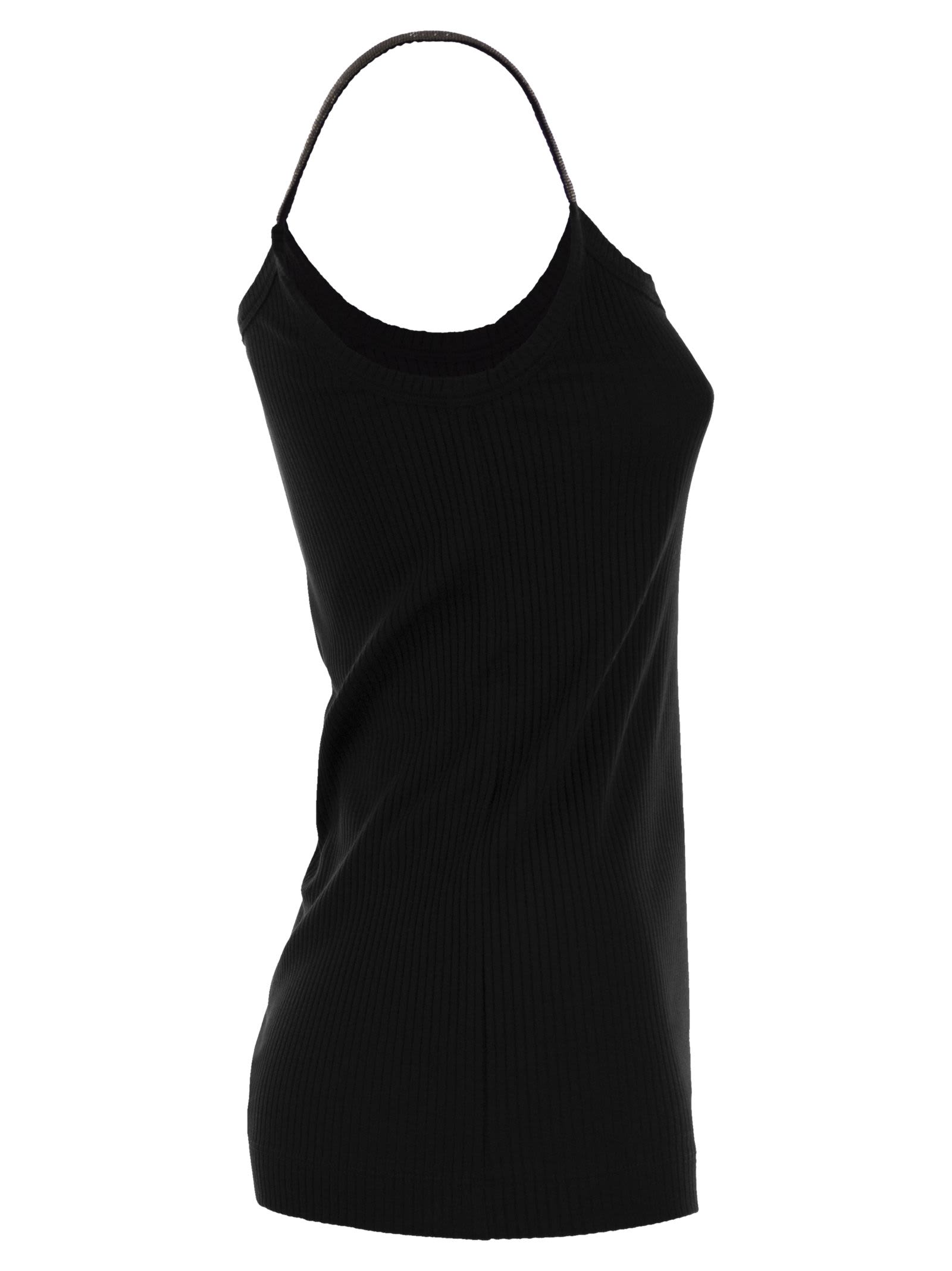 Brunello Cucinelli Stretch Cotton Ribbed Jersey Top With Precious Straps In Black