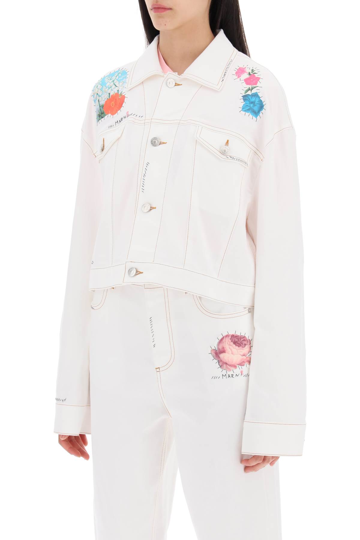 Shop Marni Cropped Denim Jacket With Flower Patches And Embroidery In Lily White (white)