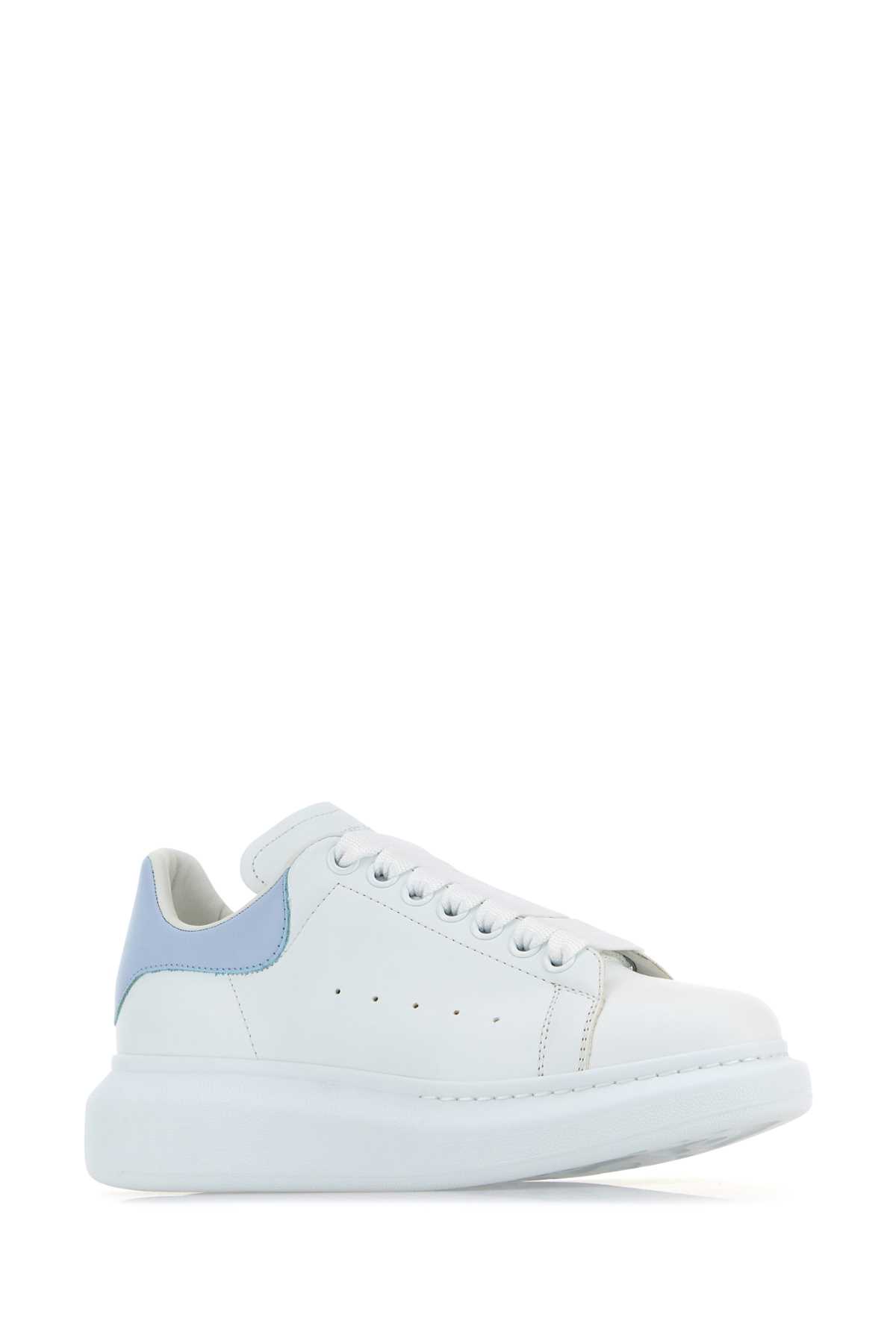 Alexander Mcqueen White Leather Sneakers With Light Blue Leather Heel In Whiteshirtingblue