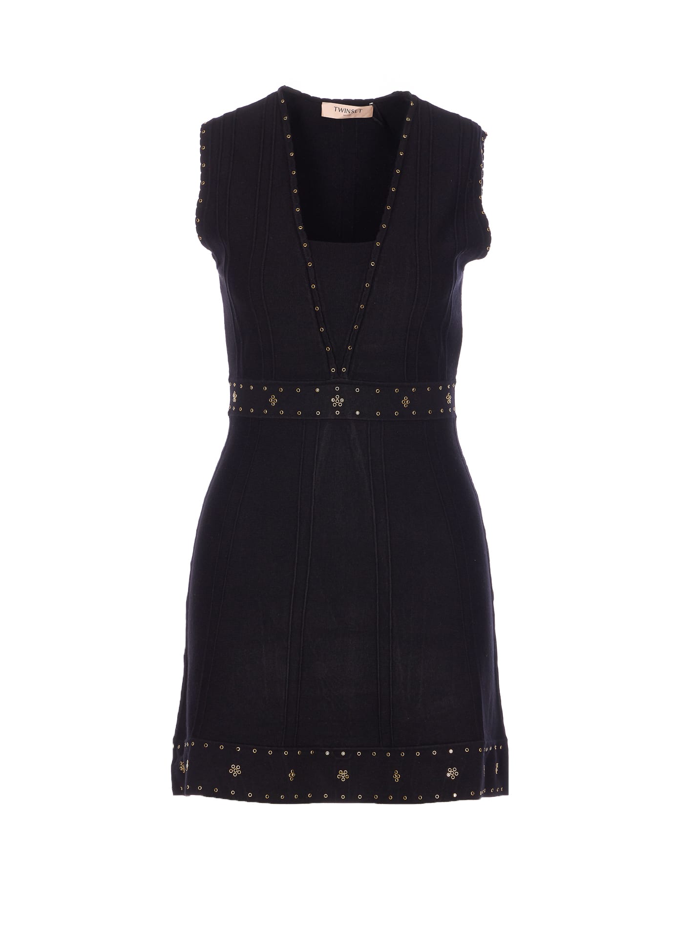 Twinset Twin-set Sleeveless Mini Dress With Deep V-neckline And Decorative Studs In Black