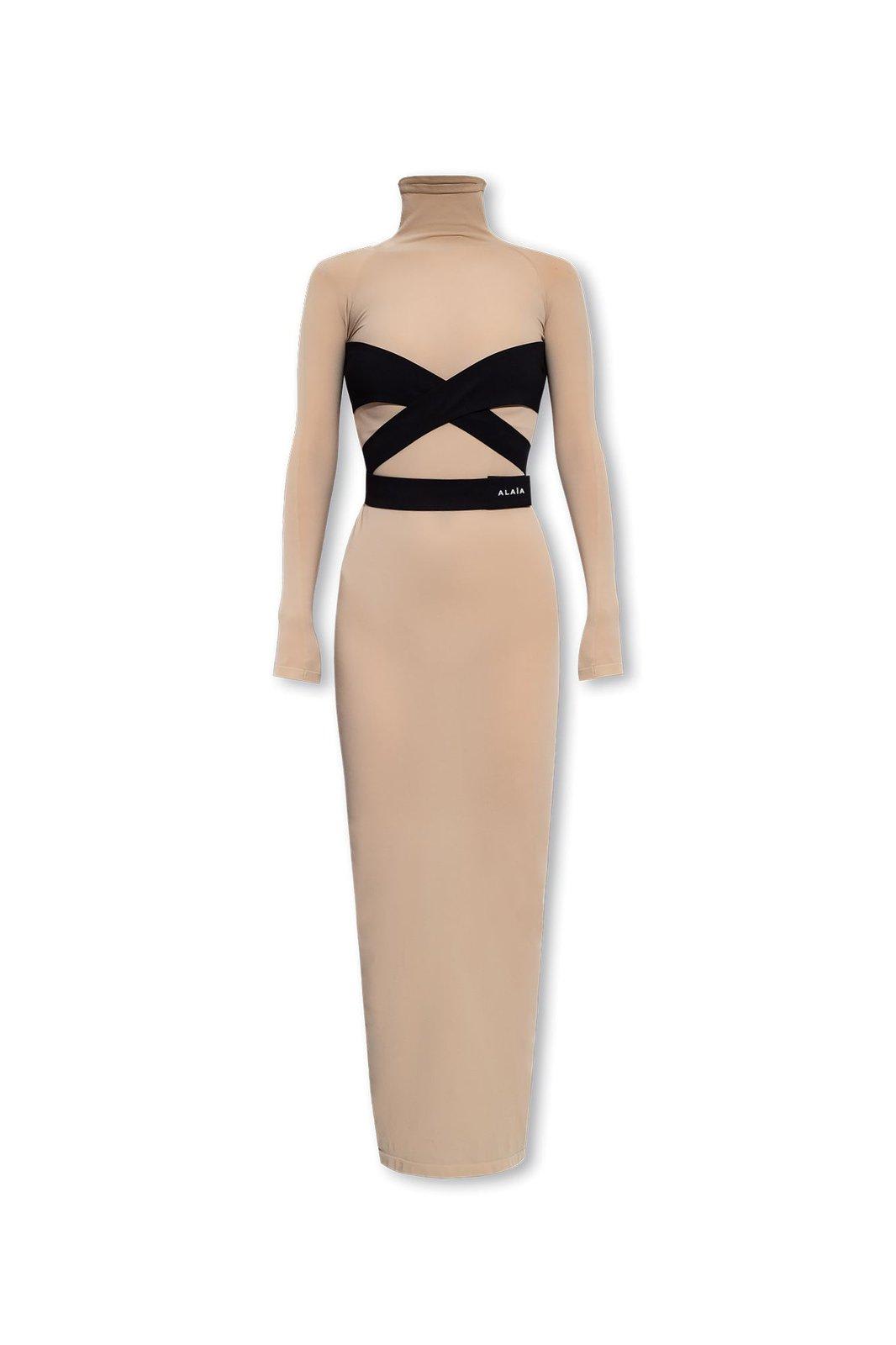 alaia logo embroidered long-sleeved midi dress
