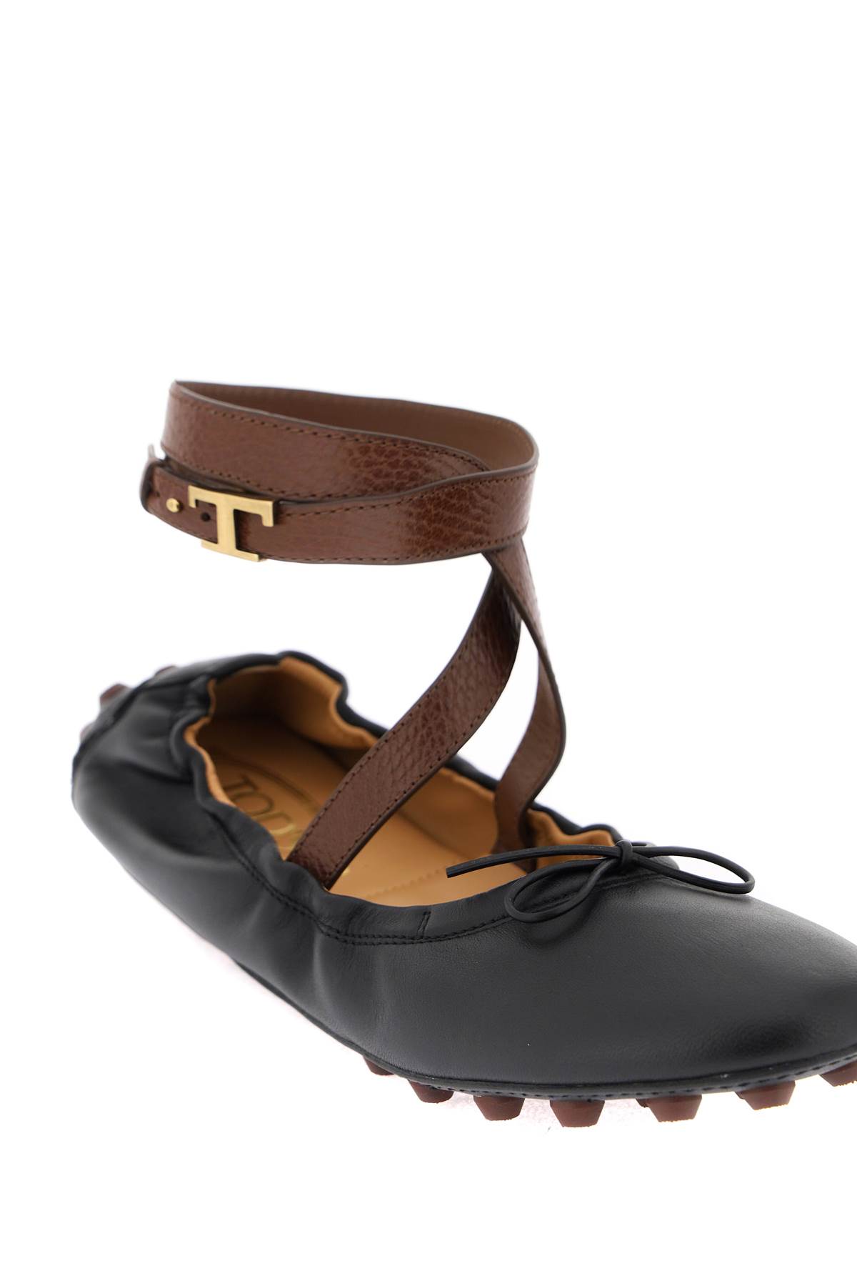 Shop Tod's Bubble Leather Ballet Flats Shoes With Strap In Nero Mogano (black)