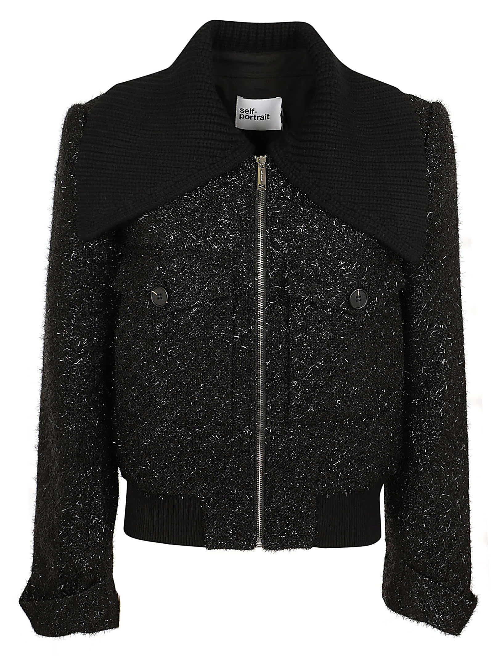 Shop Self-portrait Black Tinsel Boucle Bomber Jacket