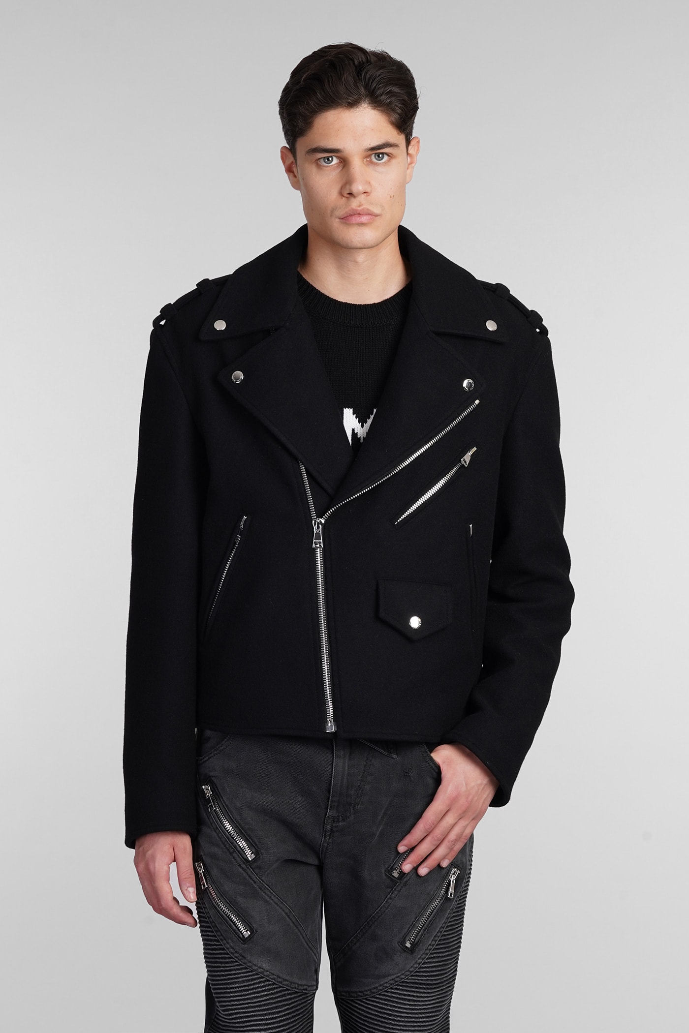 Shop Balmain Biker Jacket In Black Wool