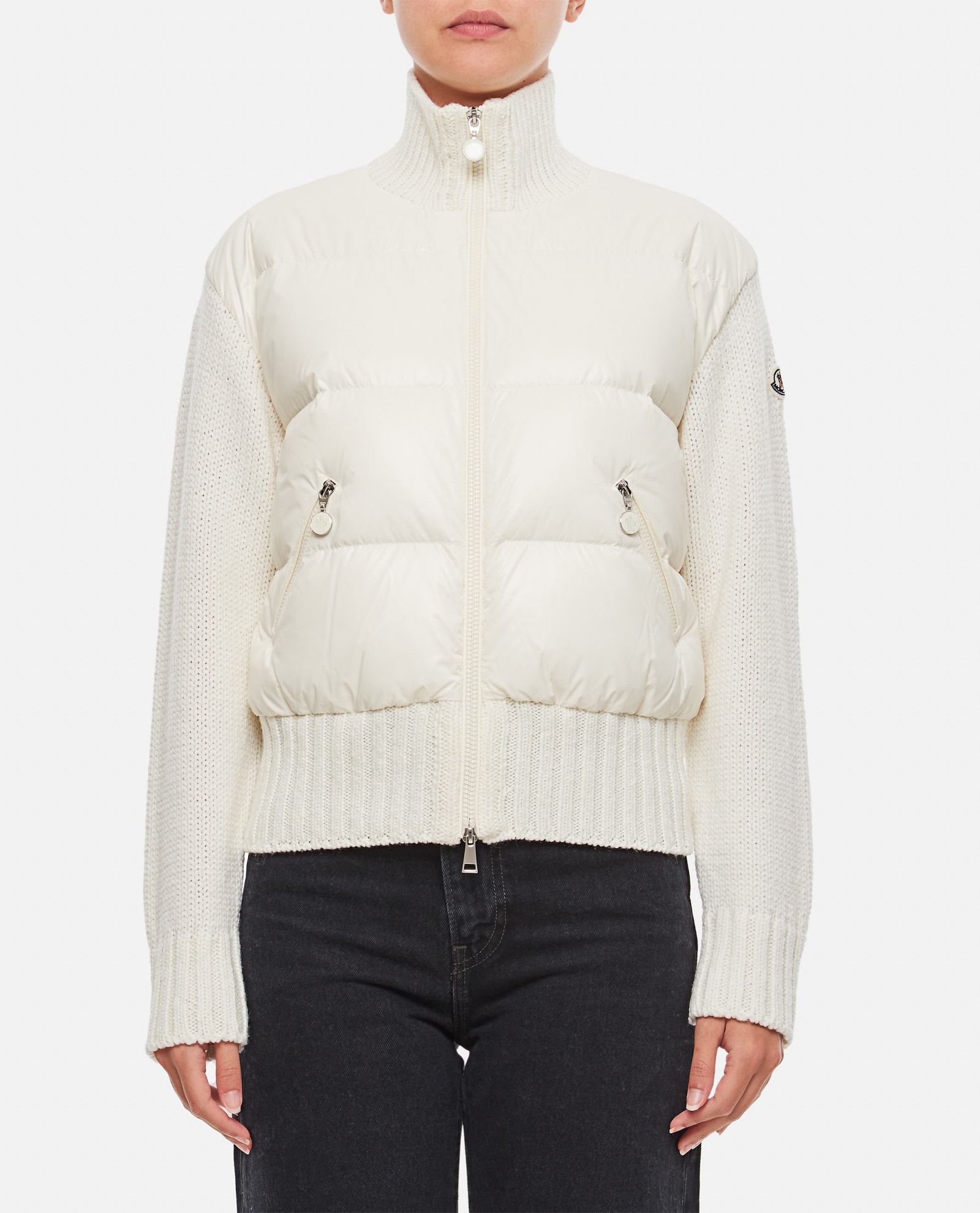 MONCLER DOWN-FILLED WOOL AND SHINY NYLON ZIP UP CARDIGAN