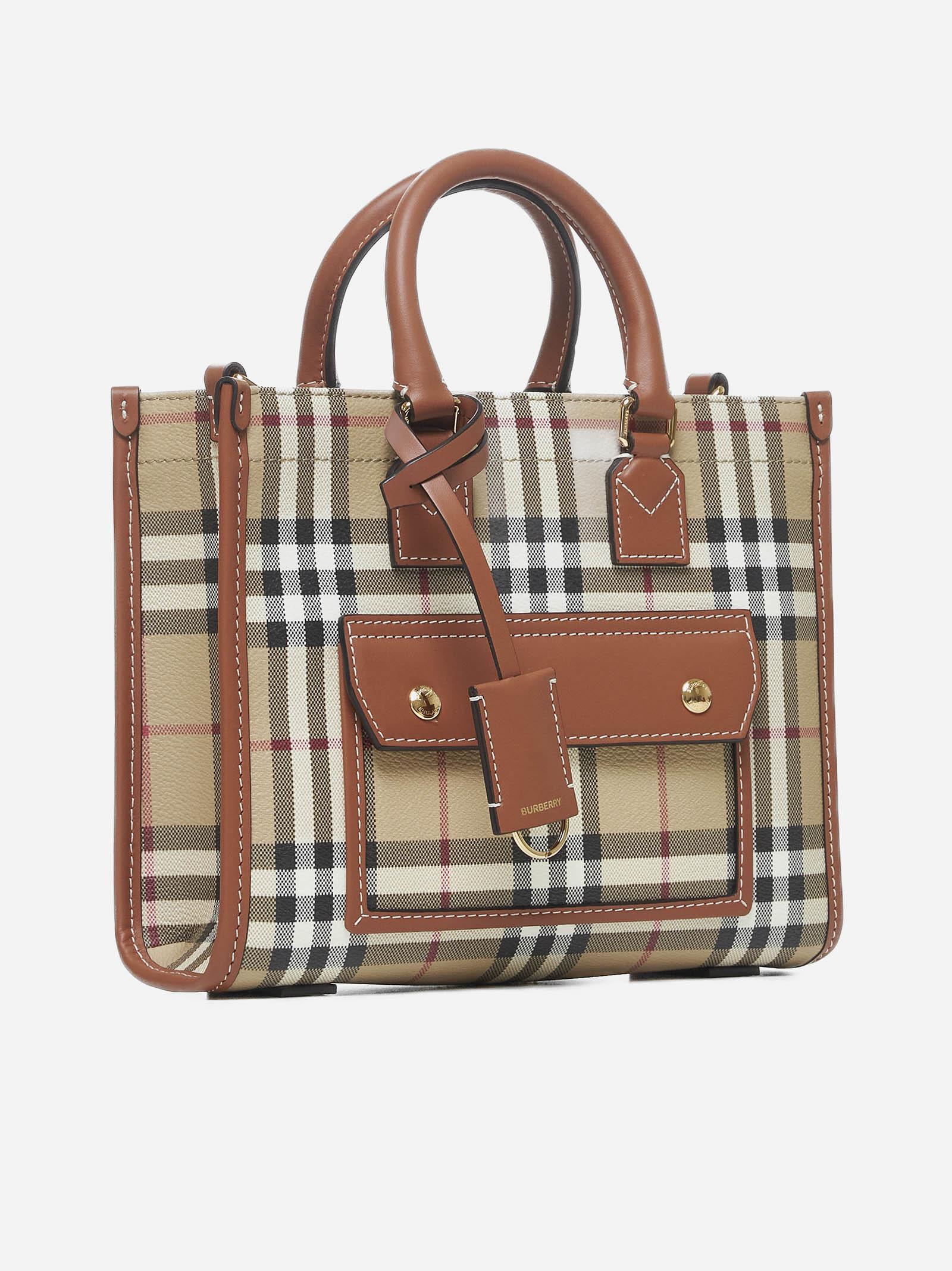 Shop Burberry Freya Check Canvas Mini Tote Bag In Vntg Chk/briar Brown