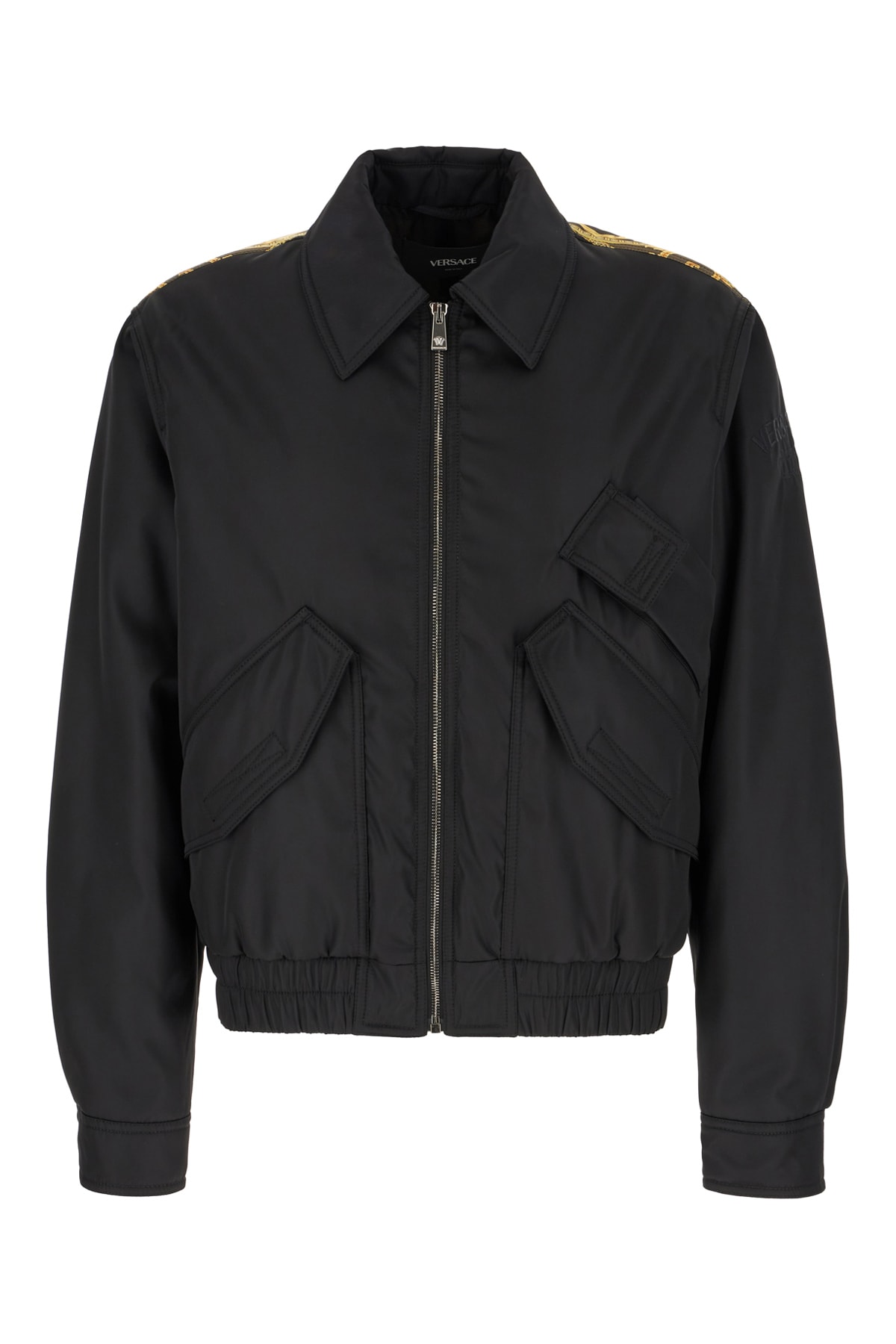 Versace Black Nylon And Polyester Padded Bomber Jacket In Black Dark Olive Gold