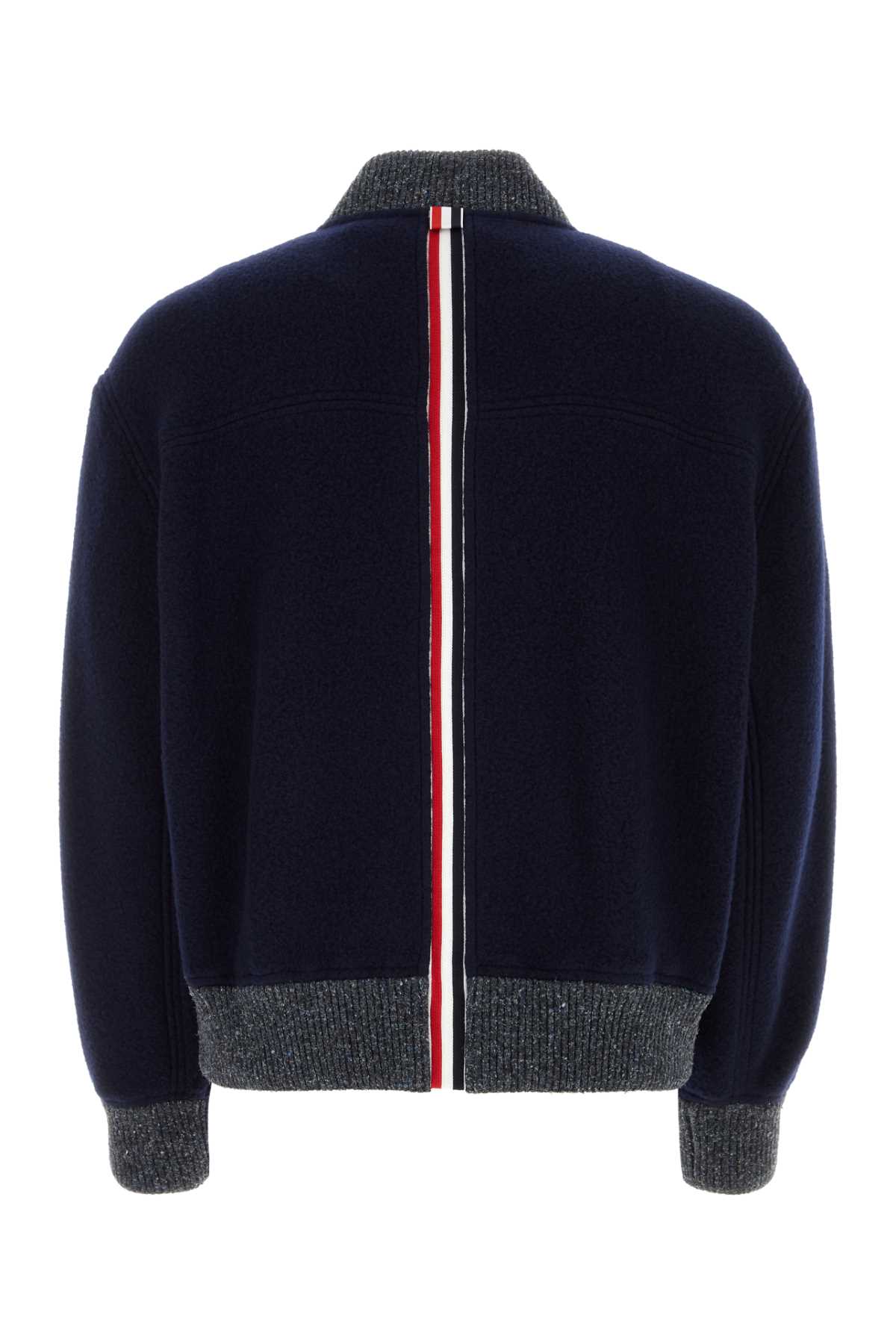 Shop Thom Browne Navy Blue Wool Bomber Jacket