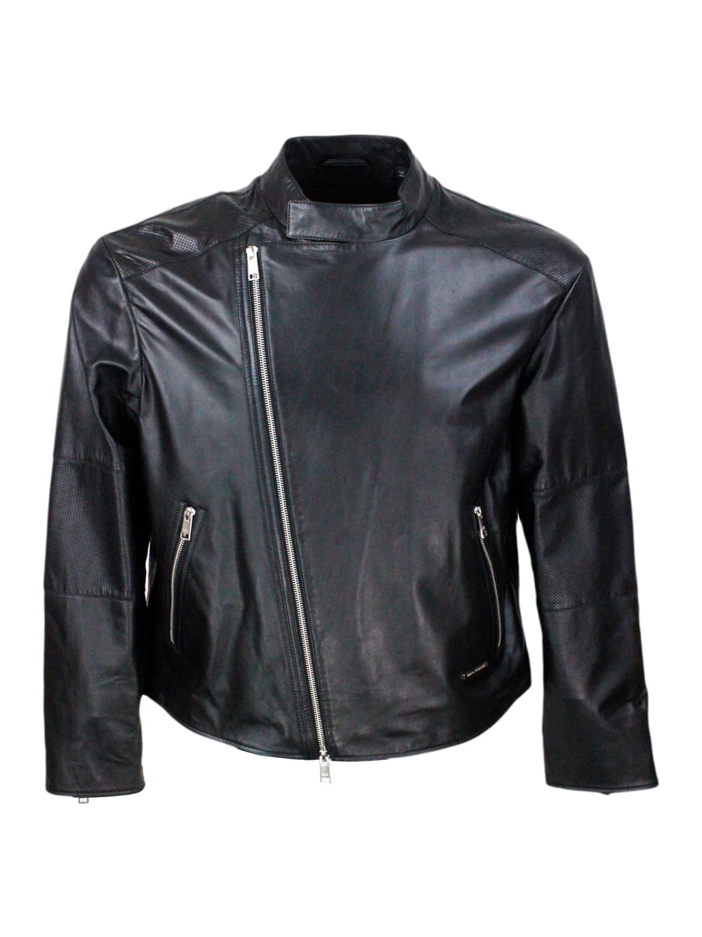 Jacket With Zip Closure Made Of Soft Lambskin With Perforated Leather Details. Zip On Pockets And Cuffs