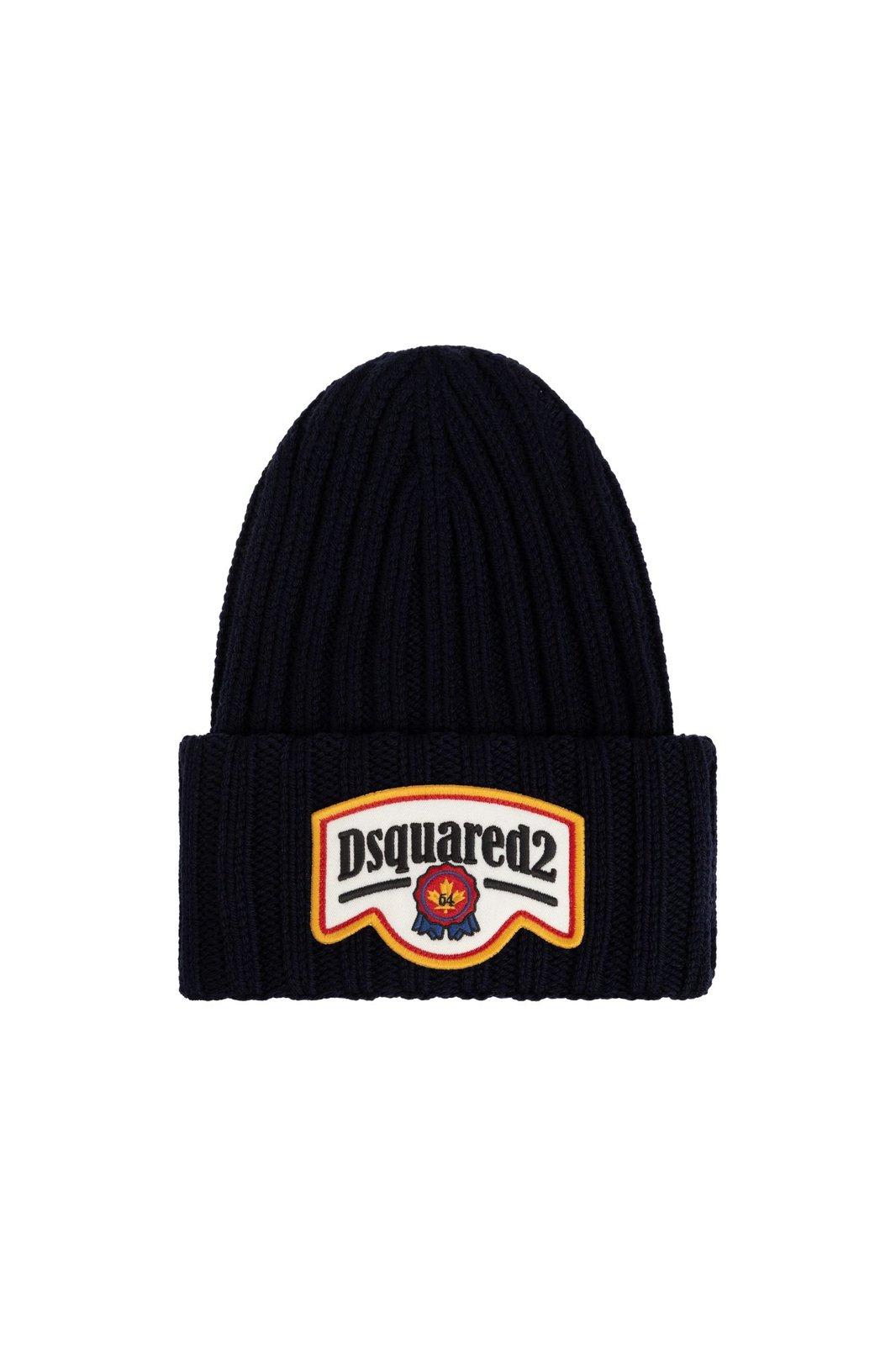 Shop Dsquared2 Logo Patch Knitted Beanie In Navy