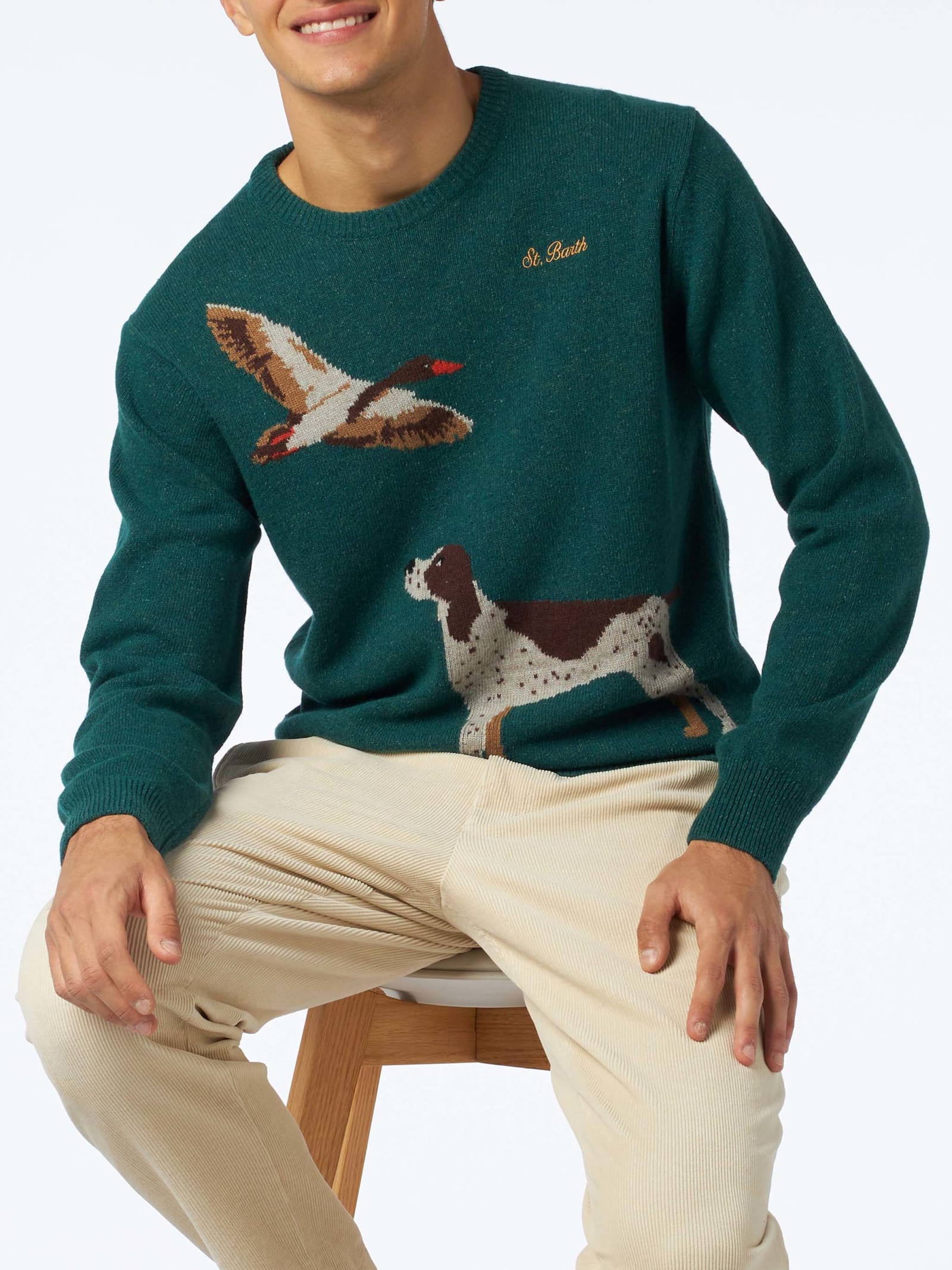 Shop Mc2 Saint Barth Man Crewneck Donegal Sweater With Country Dog Jacquard Print In Green