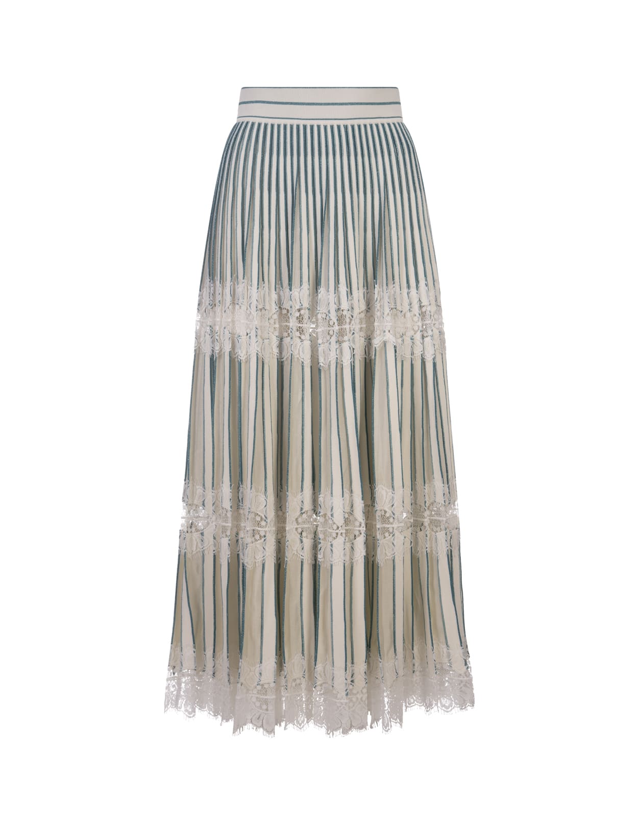Knit And Lace Midi Skirt In Bianco E Blue Gin
