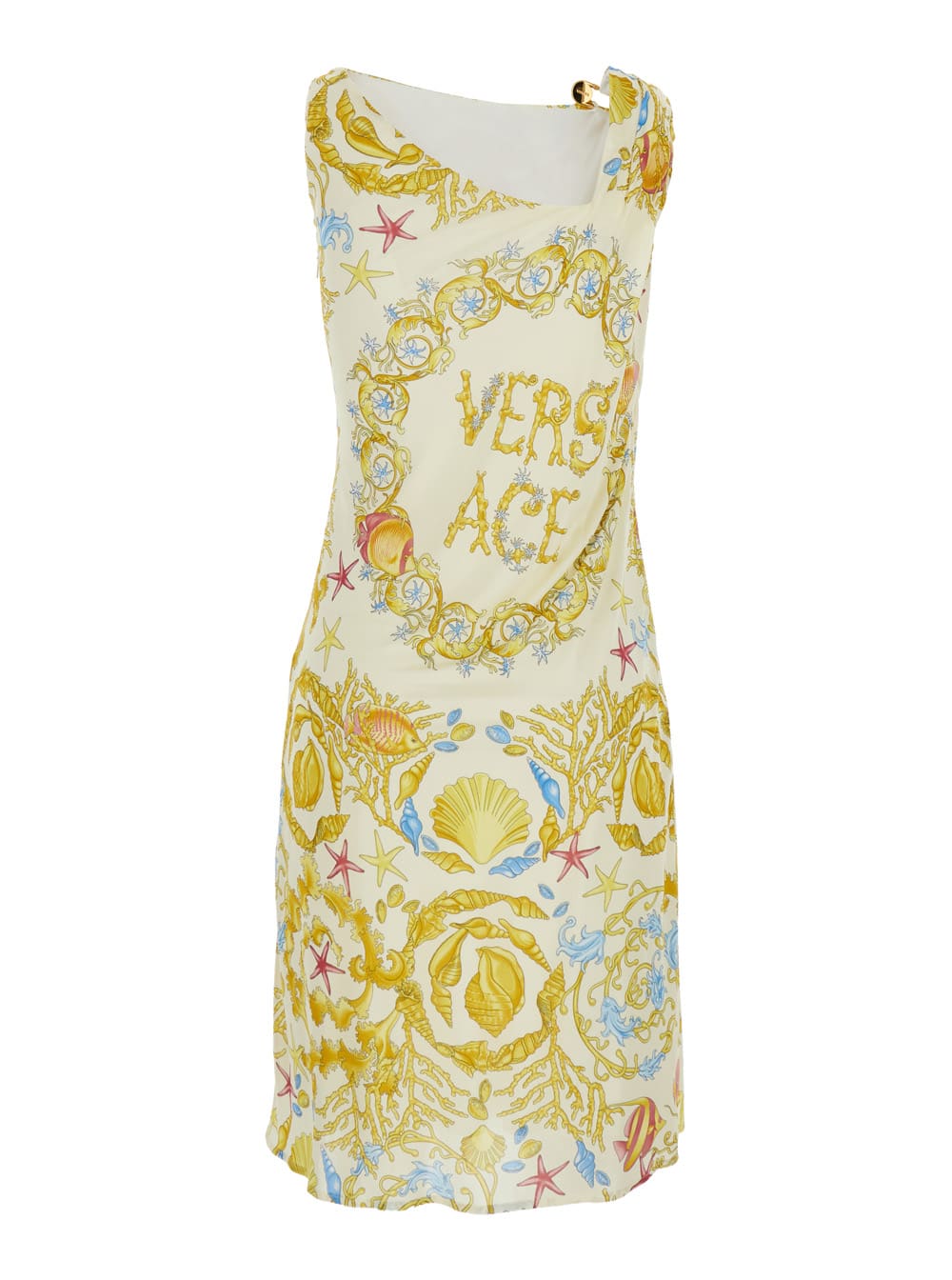 Versace Underwater Barocco Multicolor Sleeveless Dress With Tie Detail On The Sleeve And All-over Barocco Mo In Yellow
