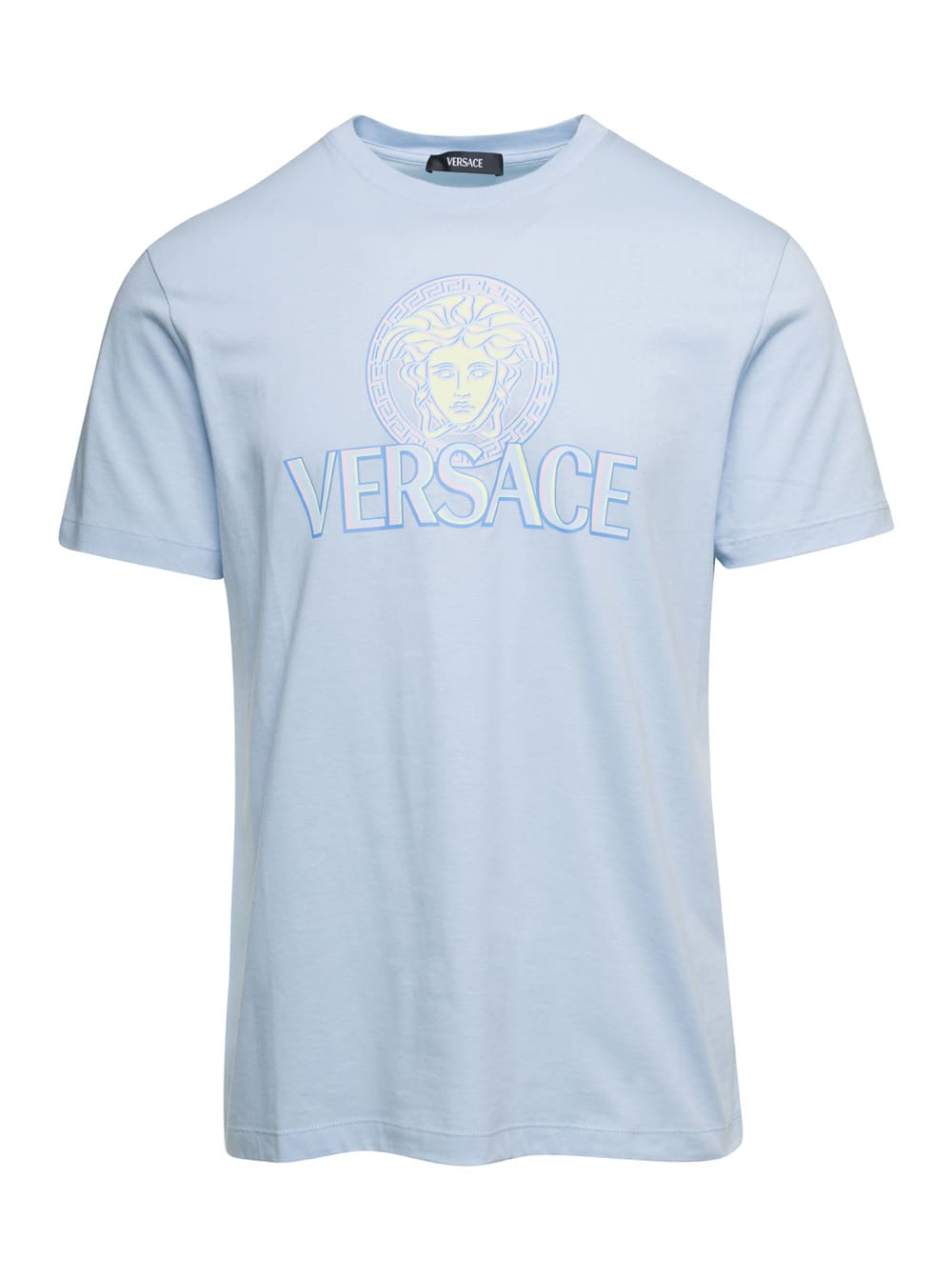 Shop Versace Light Blue Medusa T-shirt With Front Logo Print In Cotton Man