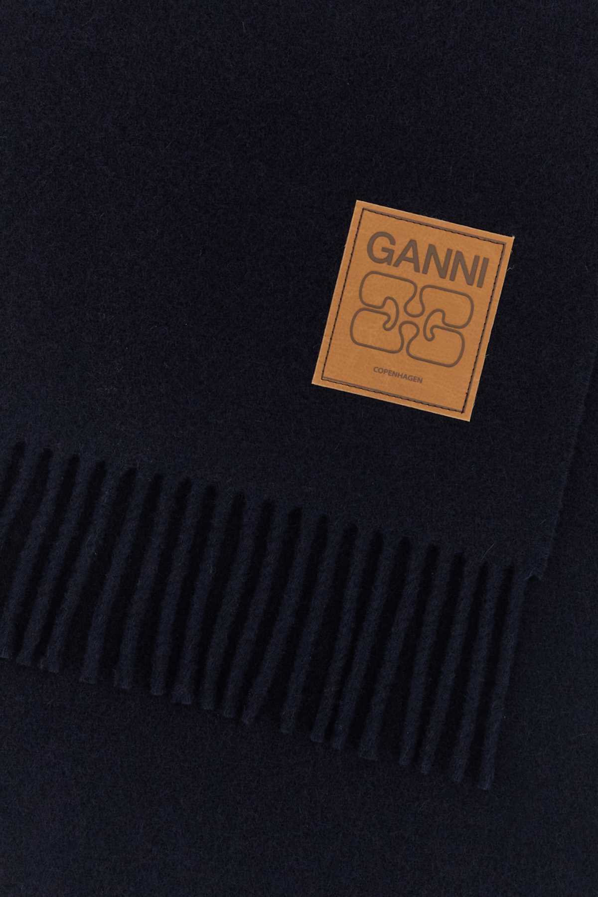 Ganni Soft Wool Scarf Fringed Ends In Blue
