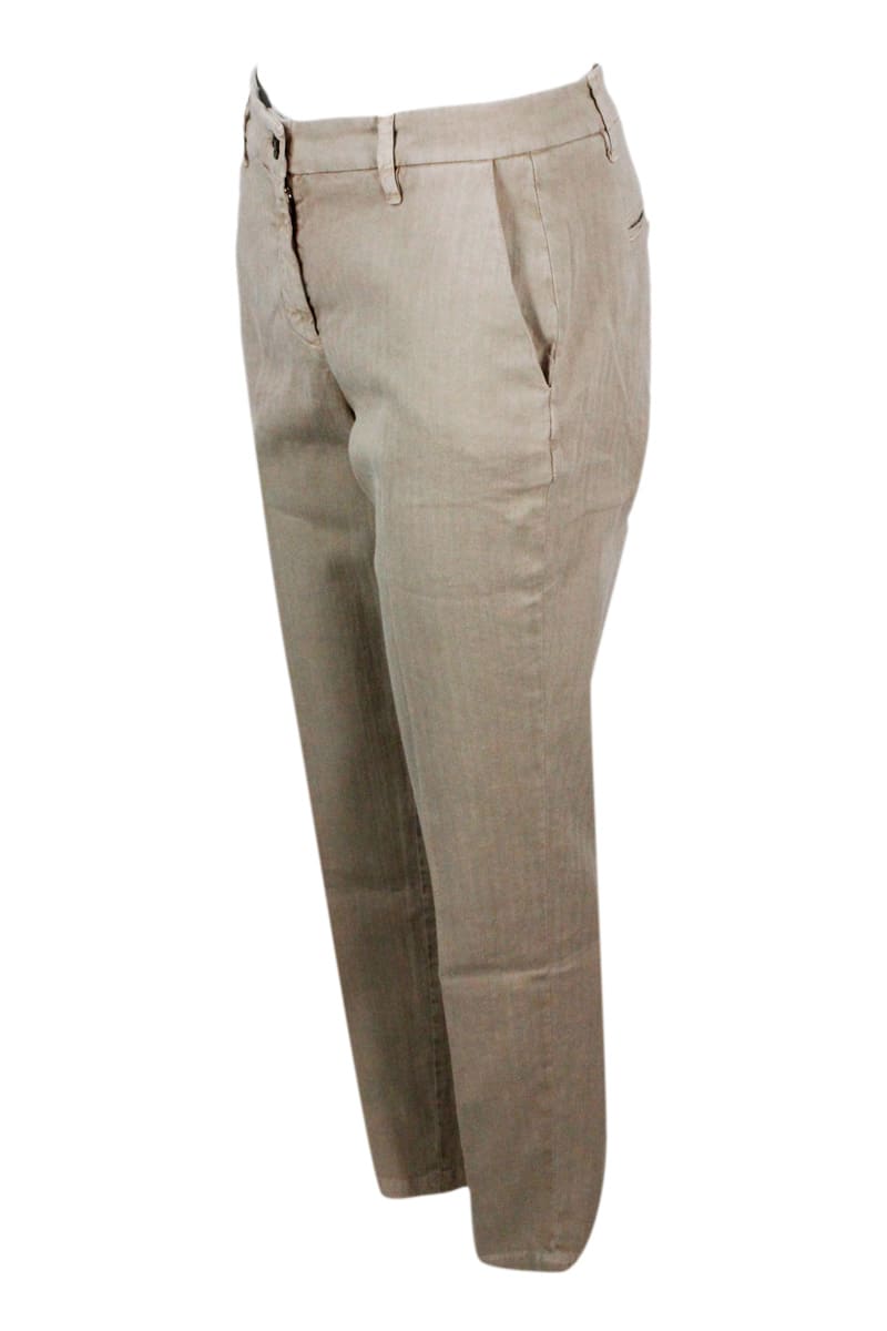 Shop Jacob Cohen Slim Regular Fit Navy Trousers In Soft Stretch Cotton Herringbone Pattern With America Pockets Chino In Beige