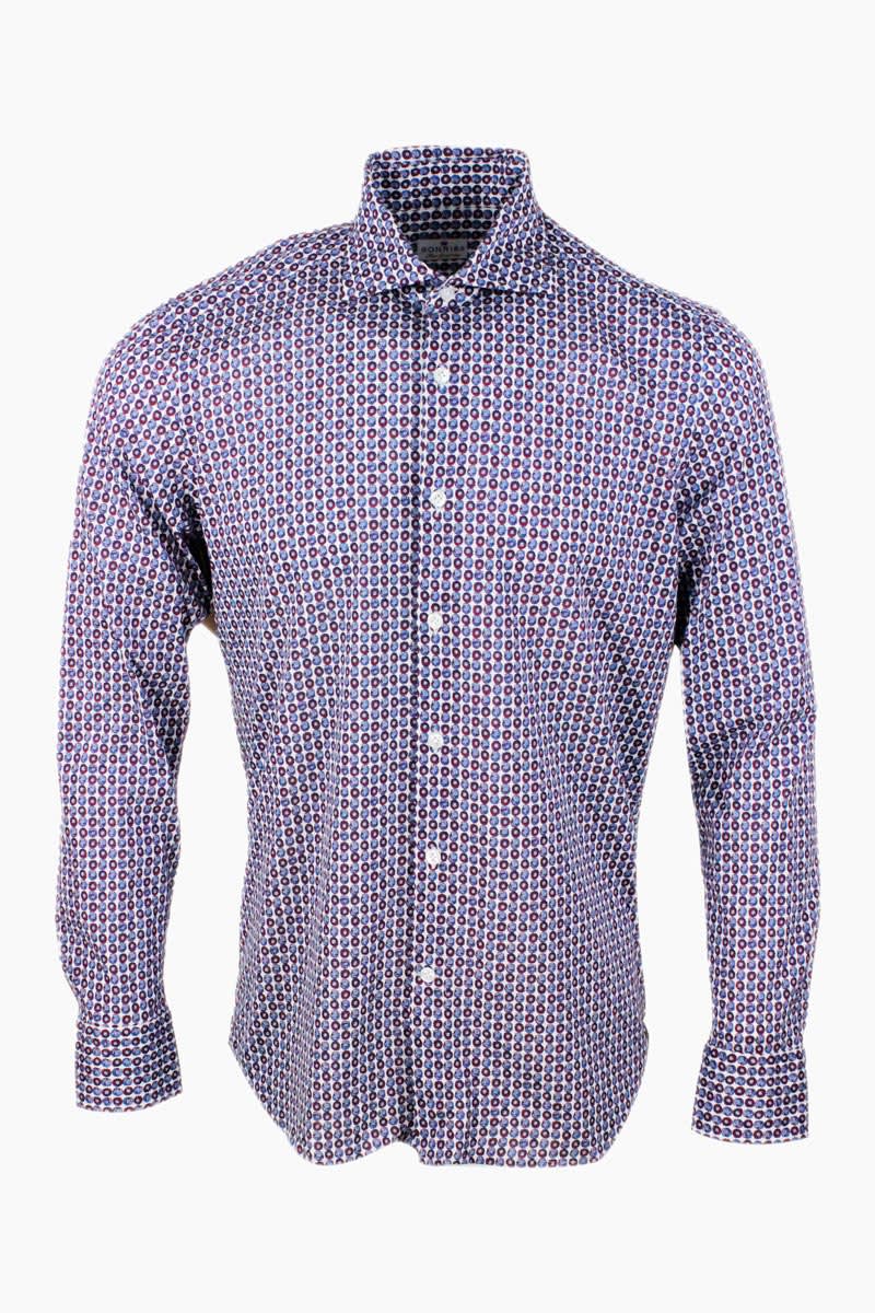 Sonrisa Luxury Shirt In Soft, Precious And Very Fine Stretch Cotton Flower With French Collar In Two-tone Circles Patterned Print