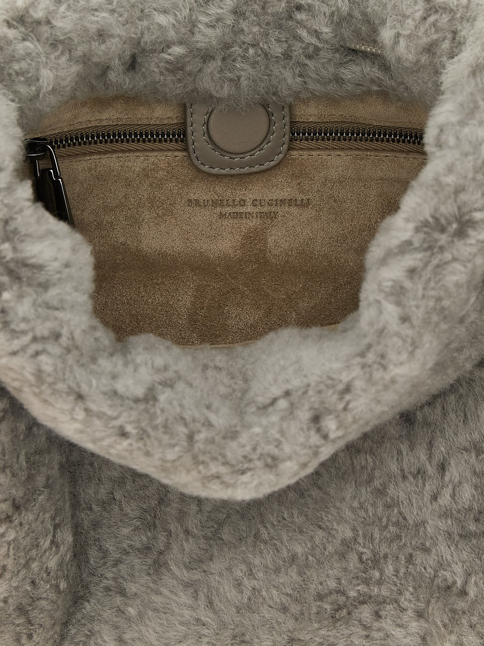 Brunello Cucinelli Women Small Shearling Mellow Shoulder Bag In Gray