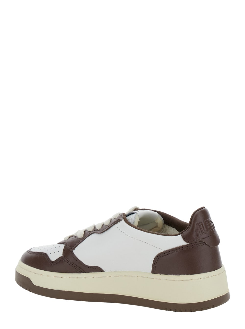 Shop Autry Medalist Low White And Brown Low Top Sneakers With Logo Patch In Leather Woman