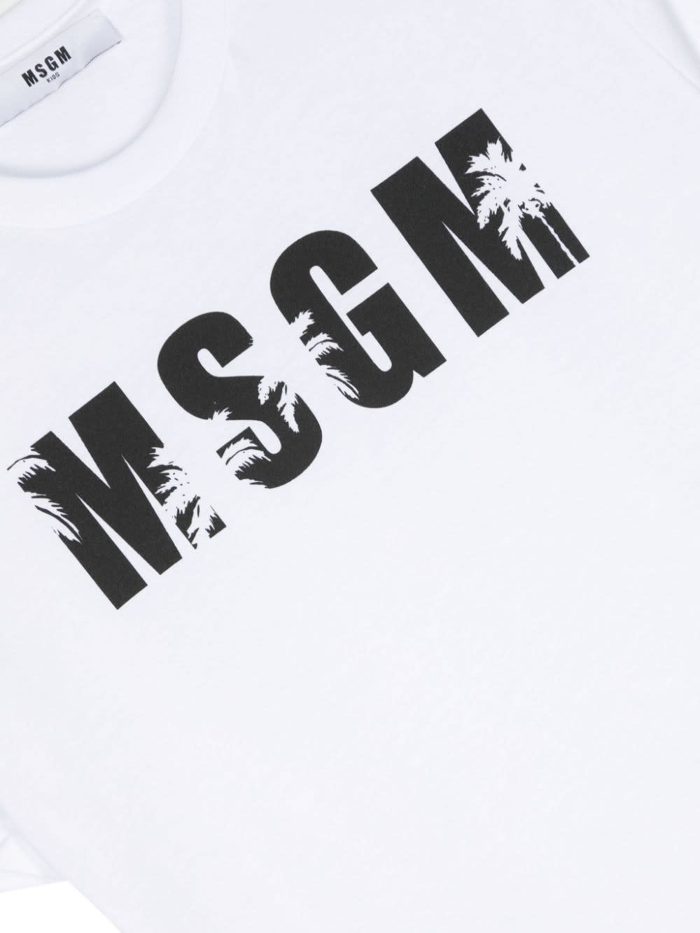 Shop Msgm White T-shirt With Logo And Palm Trees In Bianco