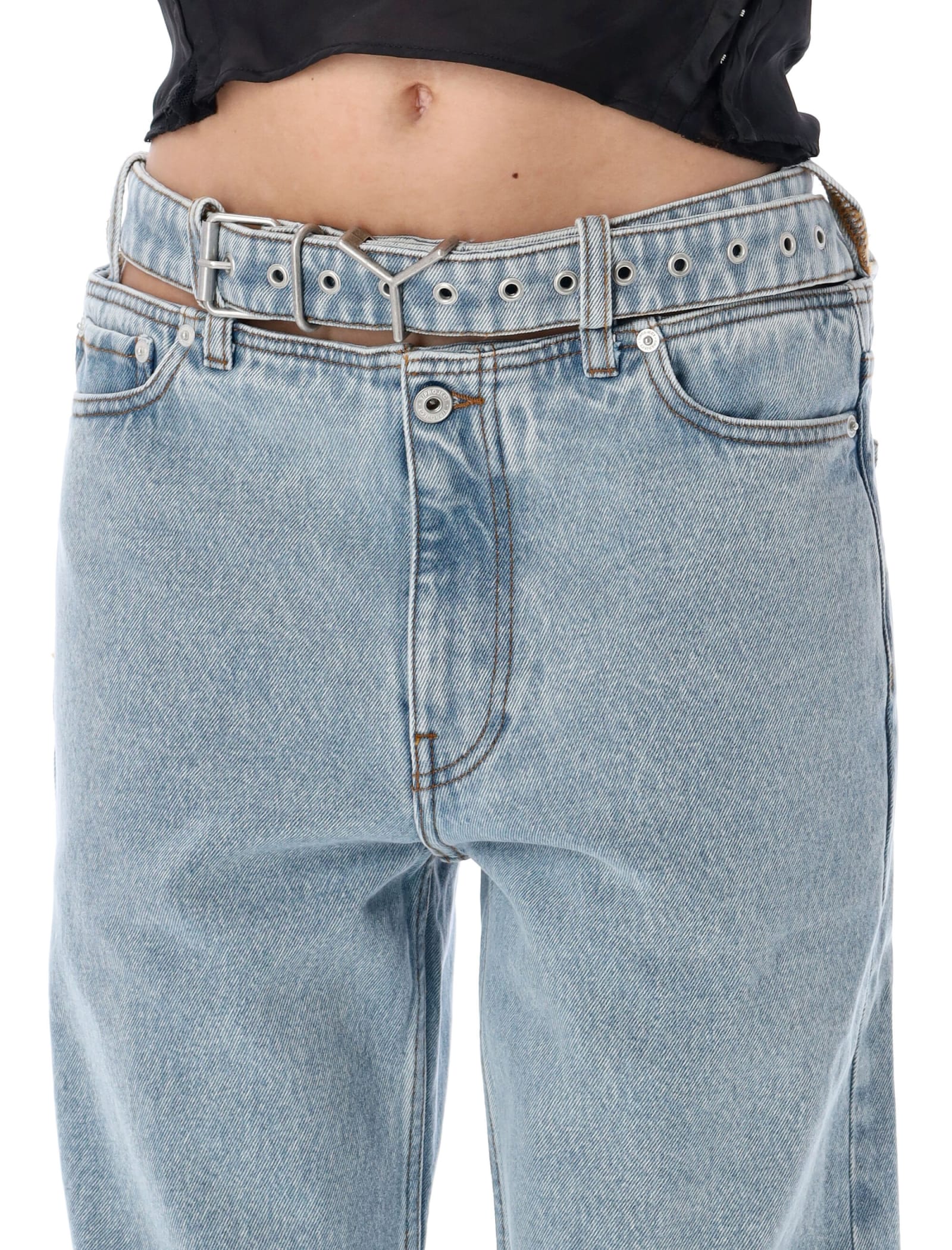 Shop Y/project Y Belt Jeans In Evergreen Ice Blue