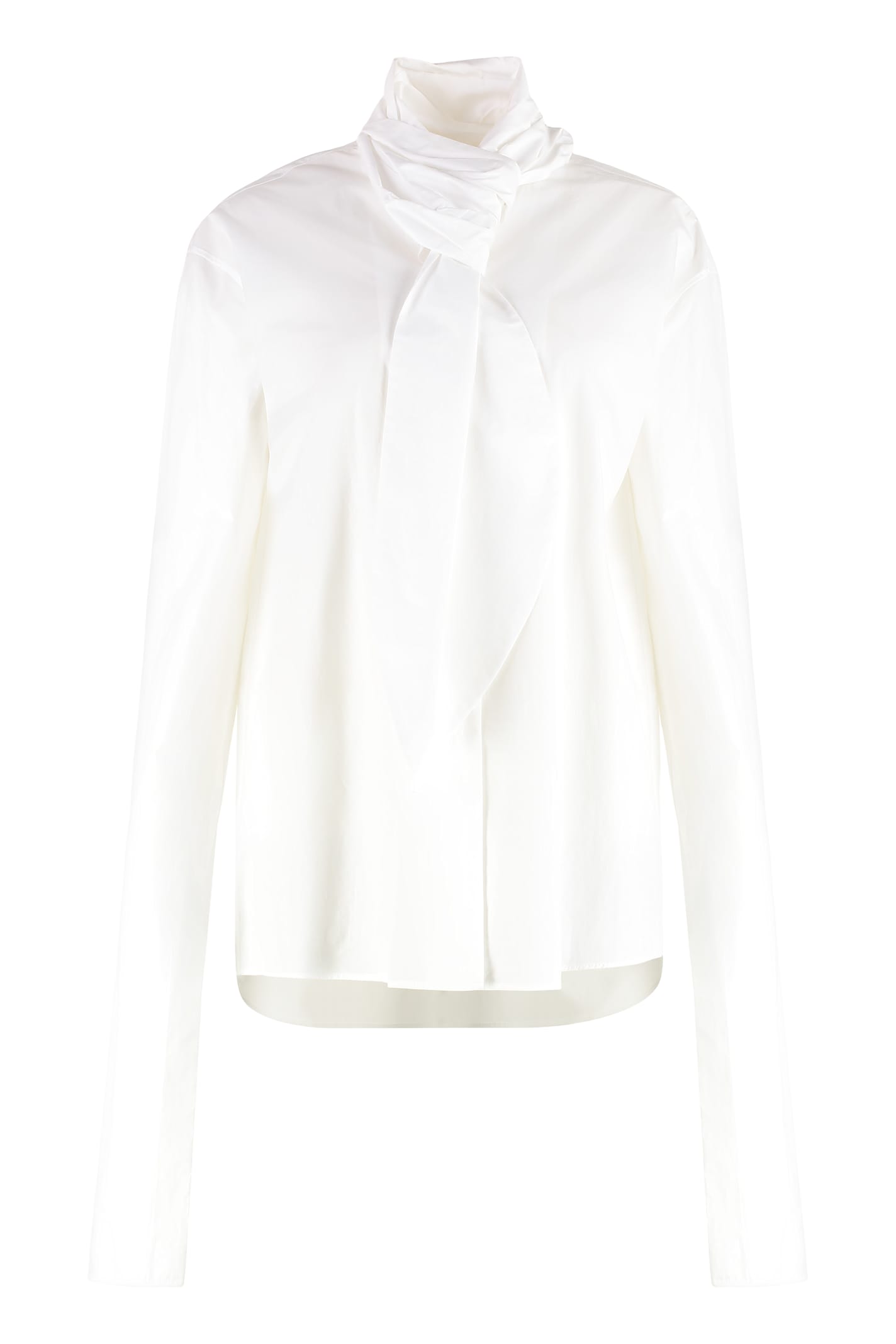 Alberta Ferretti Long Sleeve Collarless Shirt With Scarf Detail In White
