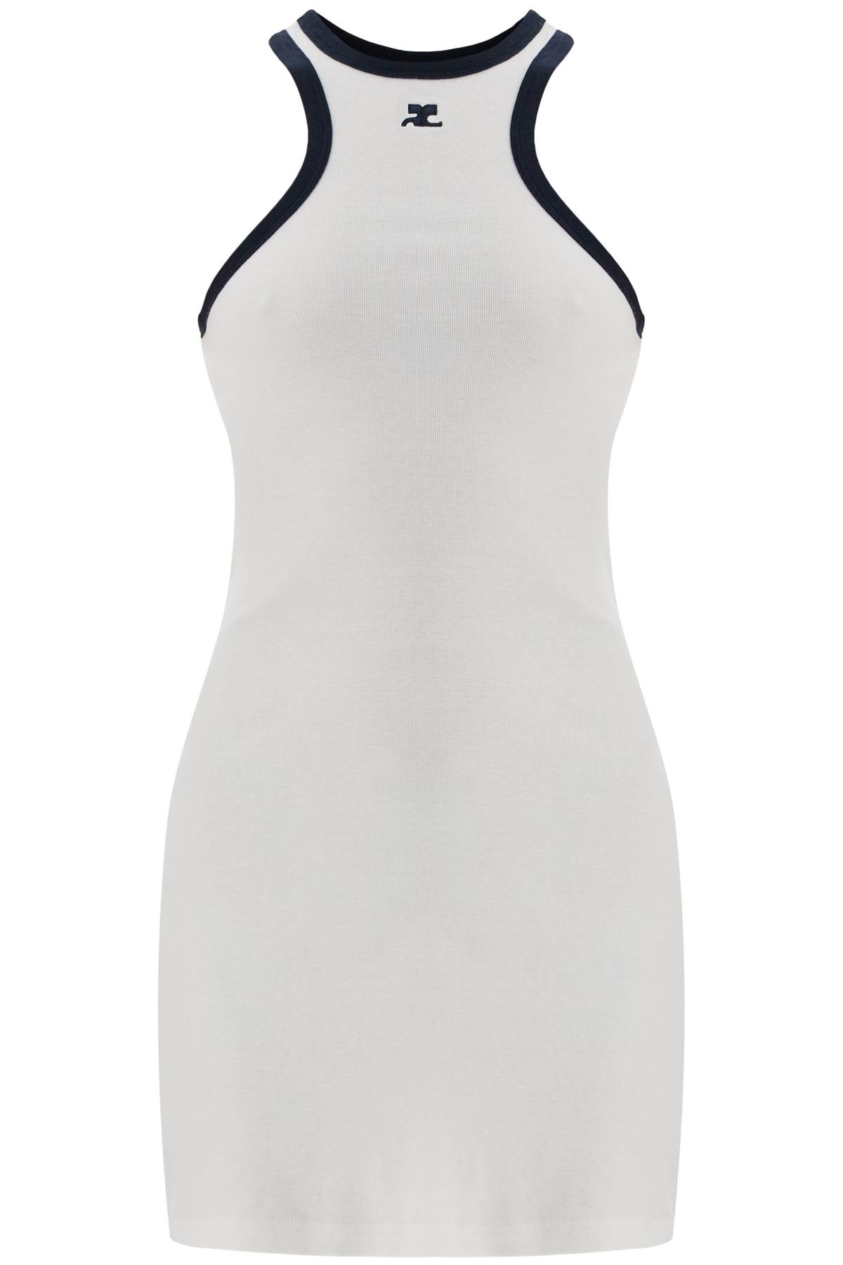 Courrèges White Cotton Mini Dress With Navy Blue Details And Halter Neck