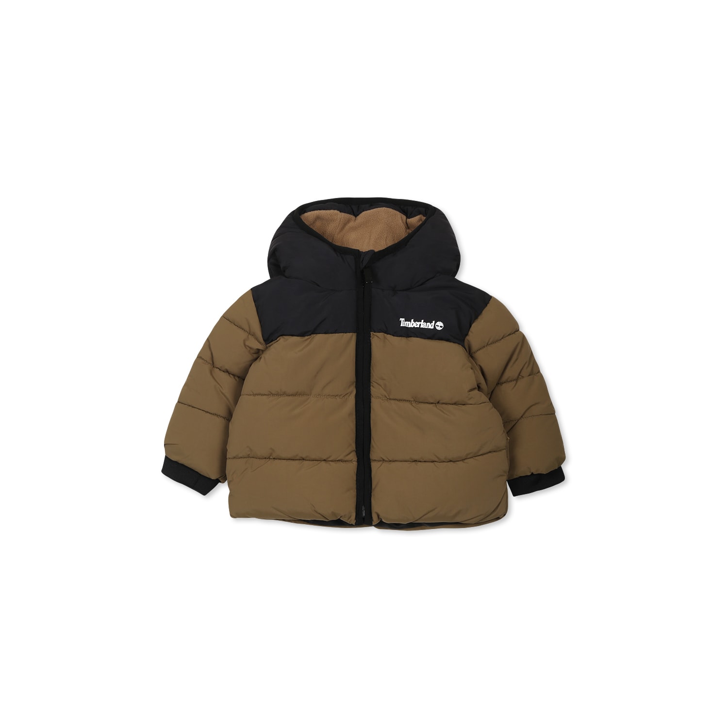 Timberland Green Down Jacket For Baby Boy With Logo In Brown