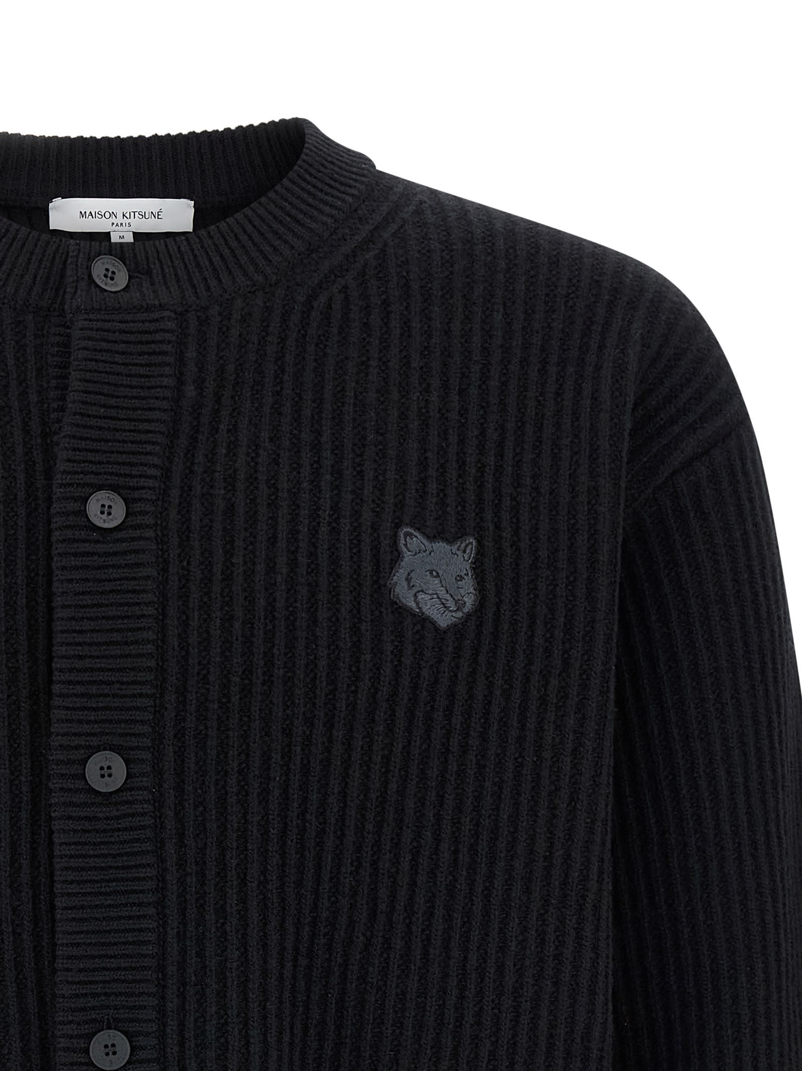 Maison Kitsuné Fox Head Wool Ribbed Cardigan Clothing In Black