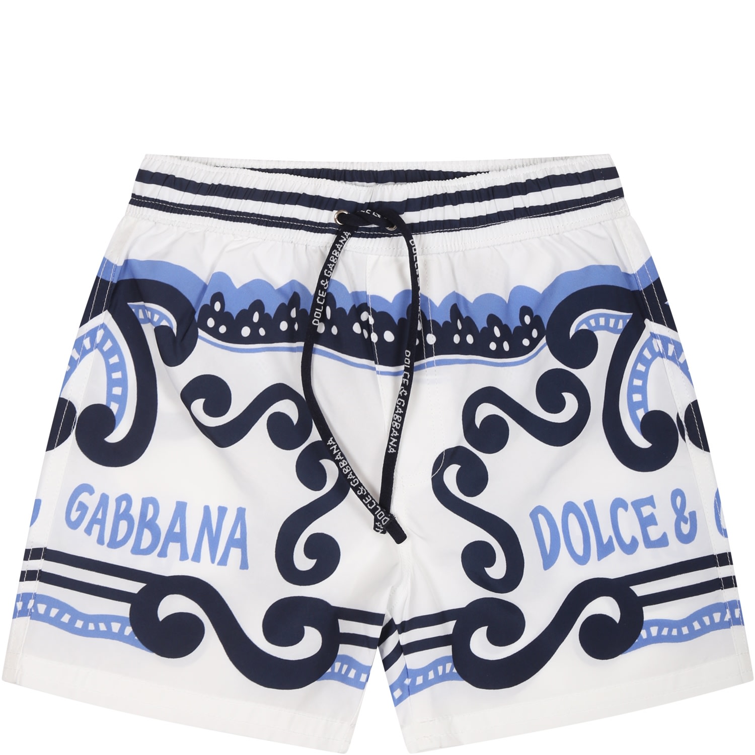 DOLCE & GABBANA WHITE SWIMSUIT FOR BABY BOY WITH BANDANA PRINT AND LOGO