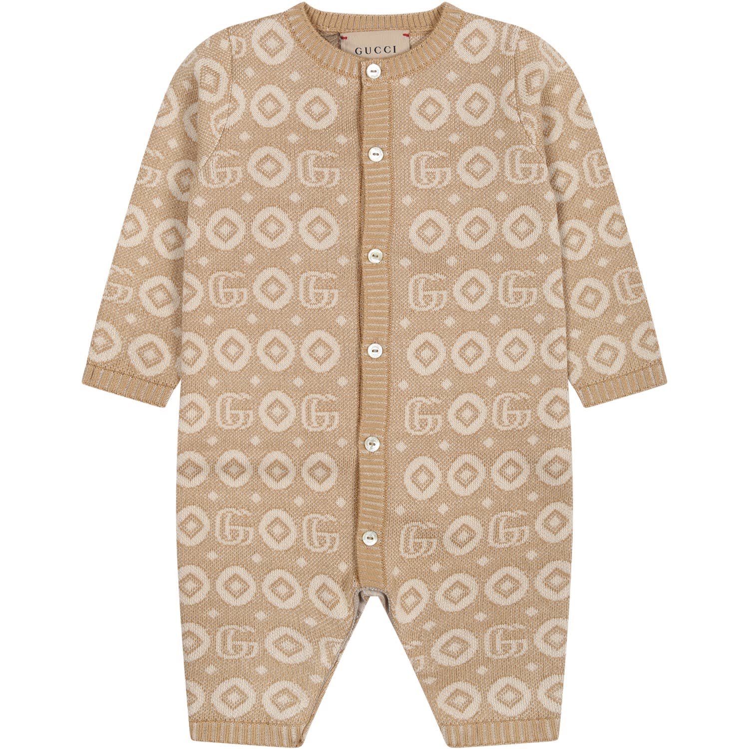 Shop Gucci Beige Jumpsuit For Babies With Print And Logo