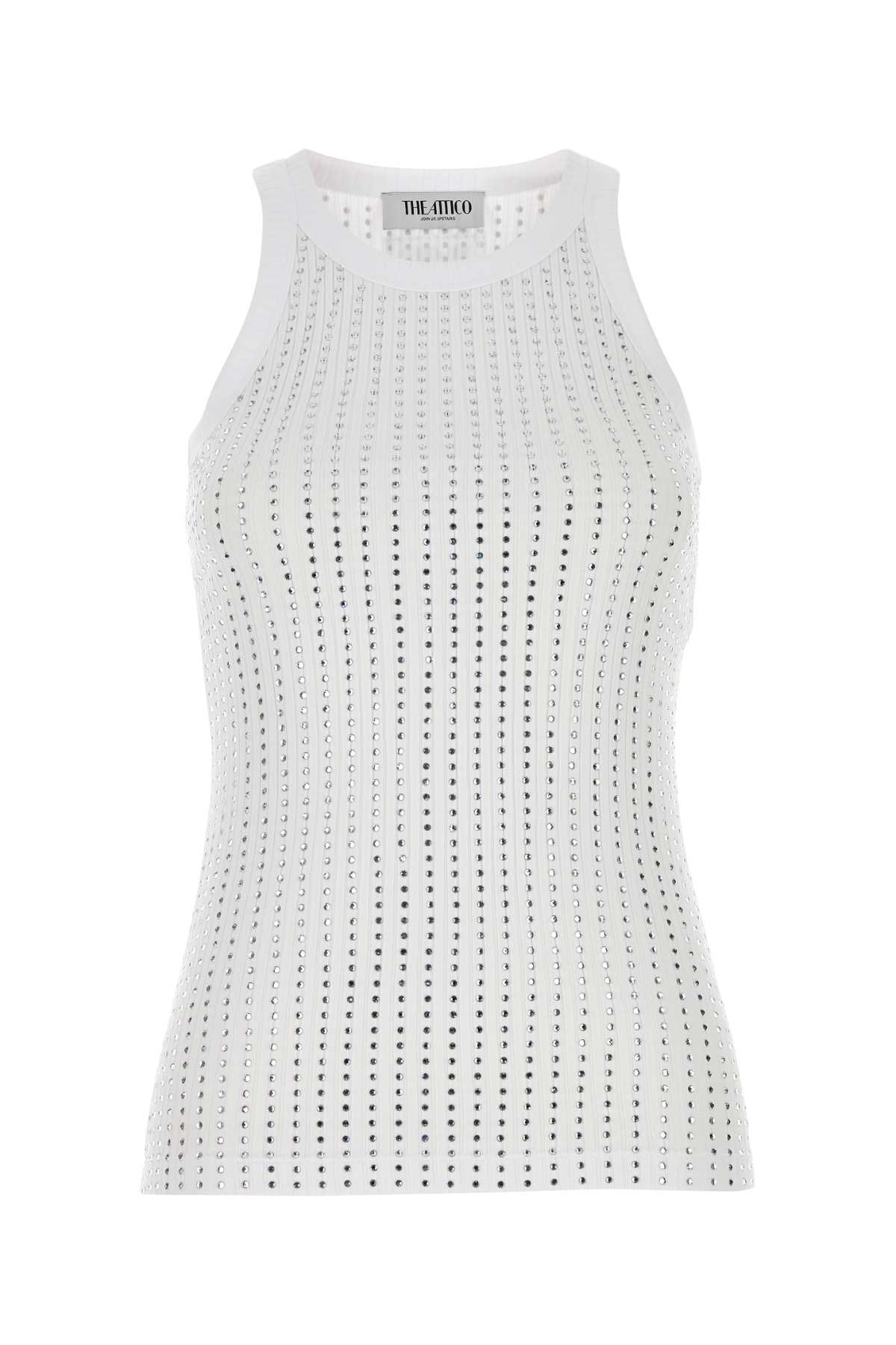 Attico Crew Neck Perforated Ribbed Sleeveless Tank Top In White