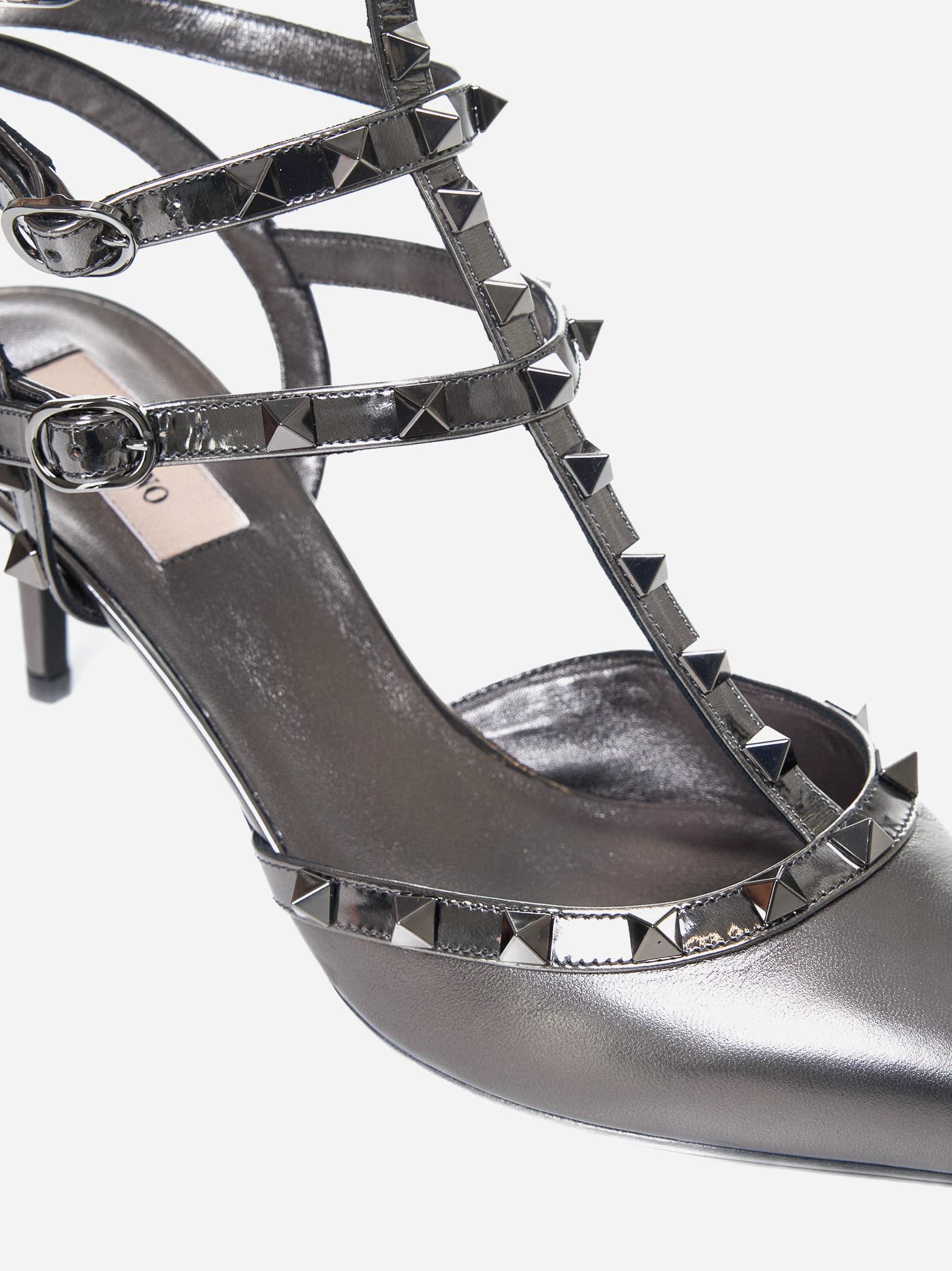 Valentino Rockstud Caged 65 Leather Ankle Strap Pump In Grey