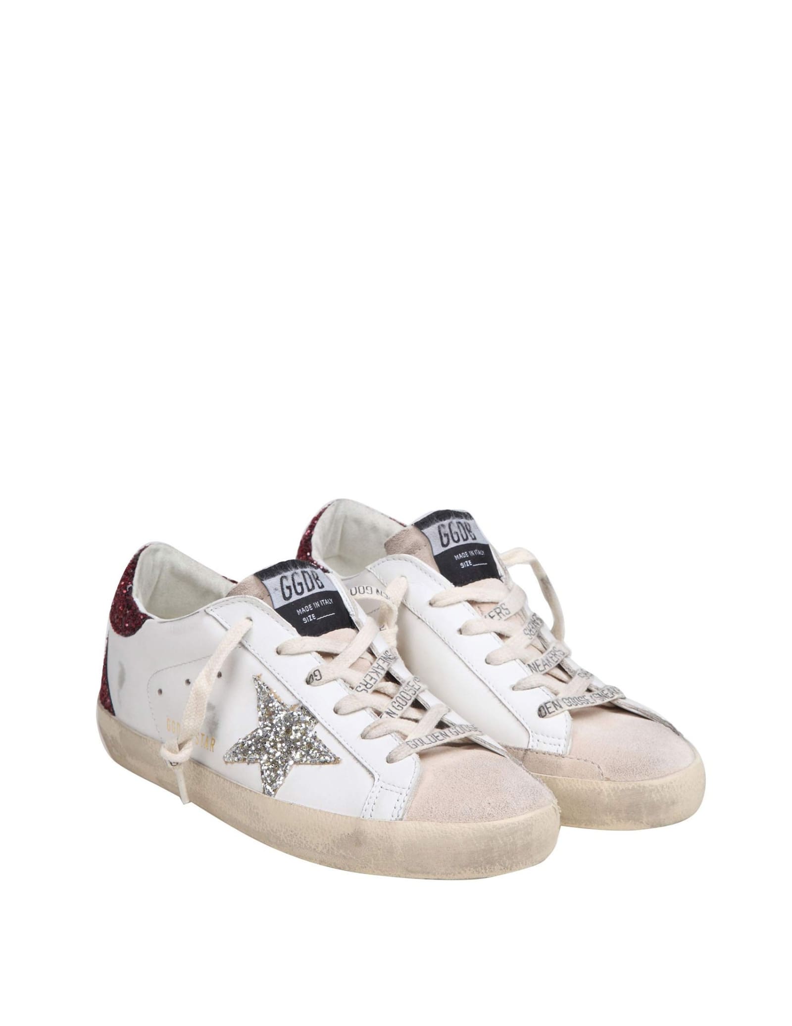 Shop Golden Goose Super Star Sneakers In White/bordeaux Leather And Suede In Wht Bord Sil